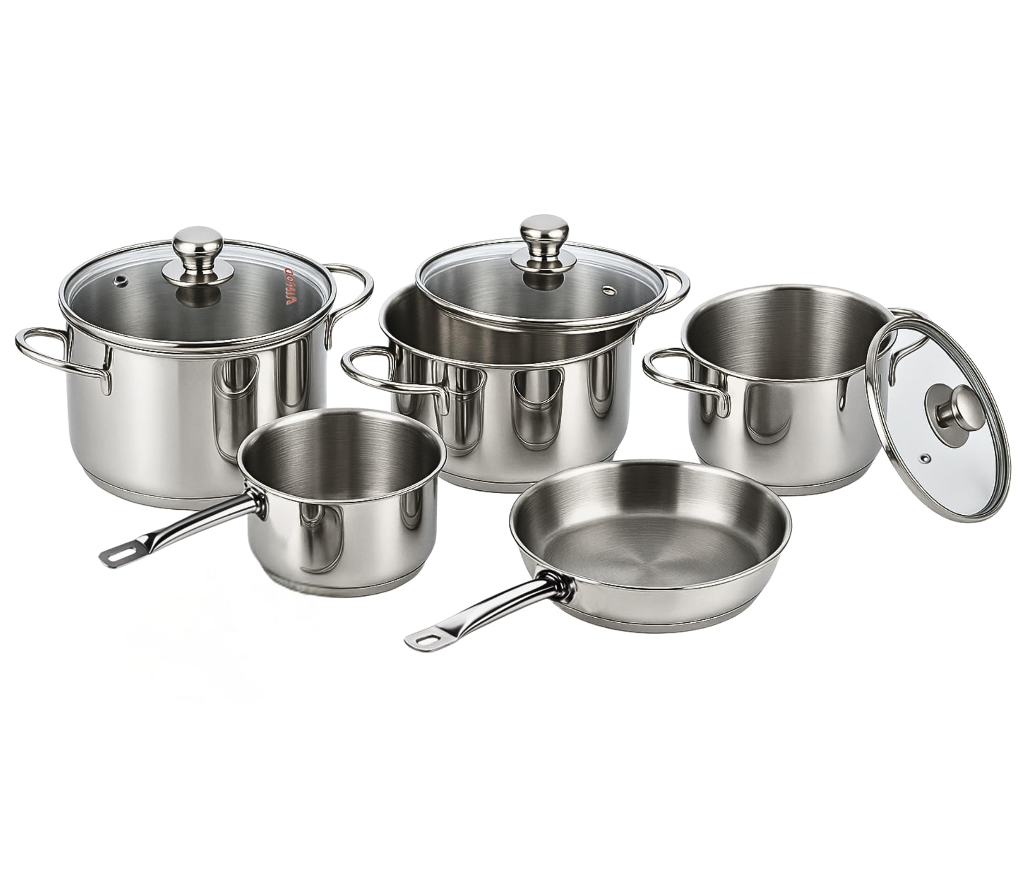 Vinod Tuscany Stainless Steel Cookware Set, 8 Pcs|Saucepan (14 cm/1.3 Litre), 3 Cassseroles (14cm,16cm & 18cm/1.3,2 & 2.8 L) Frypan (18cm) & 3 glass lids, SAS Bottom, Induction and Gas Stove Friendly
