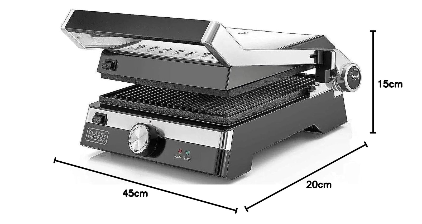 Black+Decker Contact Grill, Family Health Grill, 2000W, Black/Silve– CG2000-B5 – Minor Scratch, Damage Box