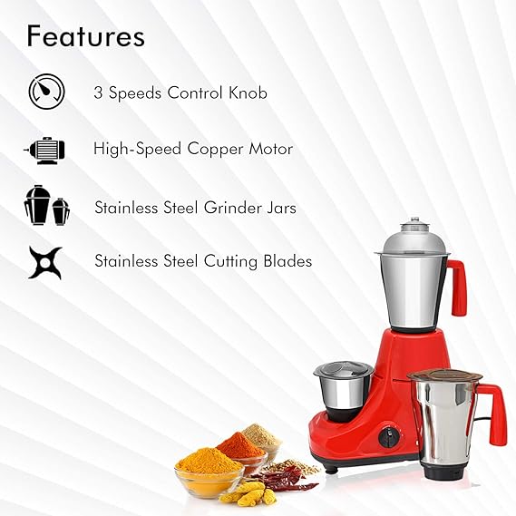 TMBBAINU 750W 3-in-1 Mixer Grinder – Powerful Motor, Stainless Steel Jars & Blades, 3-Speed Control, Overload Protection – Ideal for Chutney, Dry & Wet Grinding (Minor Scratch)