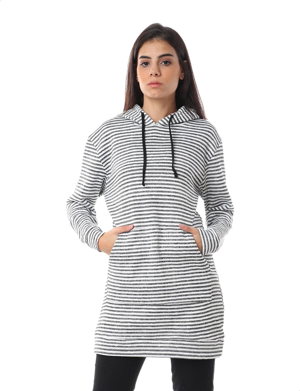 Hairline Stripes Kangaroo Pockets Drawstring Hoodie For Women,Long sleeves with ribbed cuffs for a snug fit..