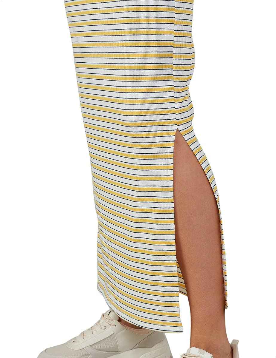 Splash Side-Slit Maxi Straight-Cut Striped Skirt for Women - Yellow and White