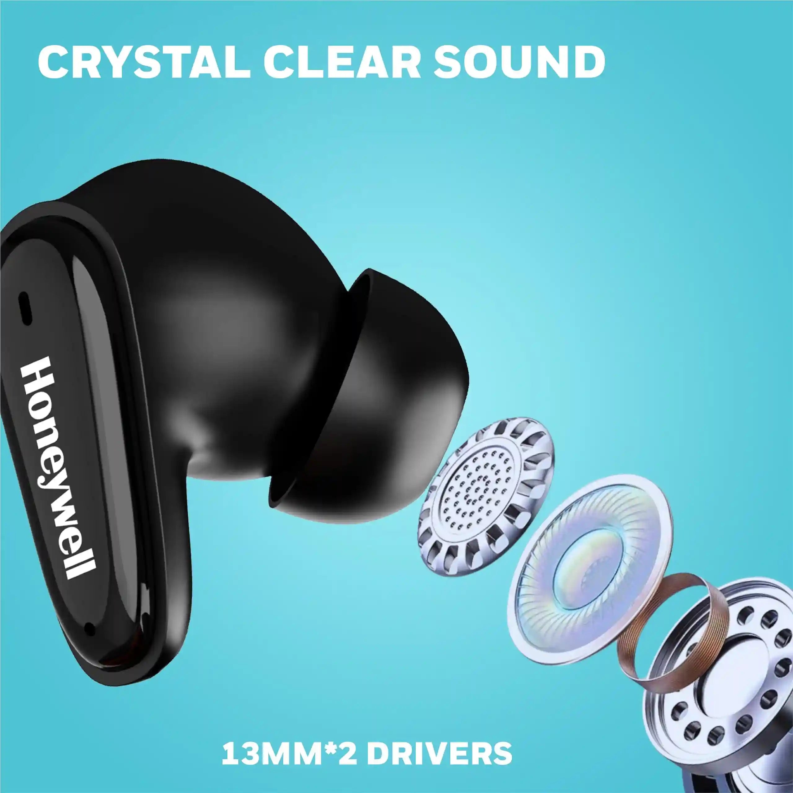 Honeywell  V1100, in-Ear True Wireless Stereo Earbuds with Digital Battery Display Case, Dual Microphones, Bluetooth V5.3, 31 Hours of Playtime, 100 Hours Stand-by, Fast Charging, Black