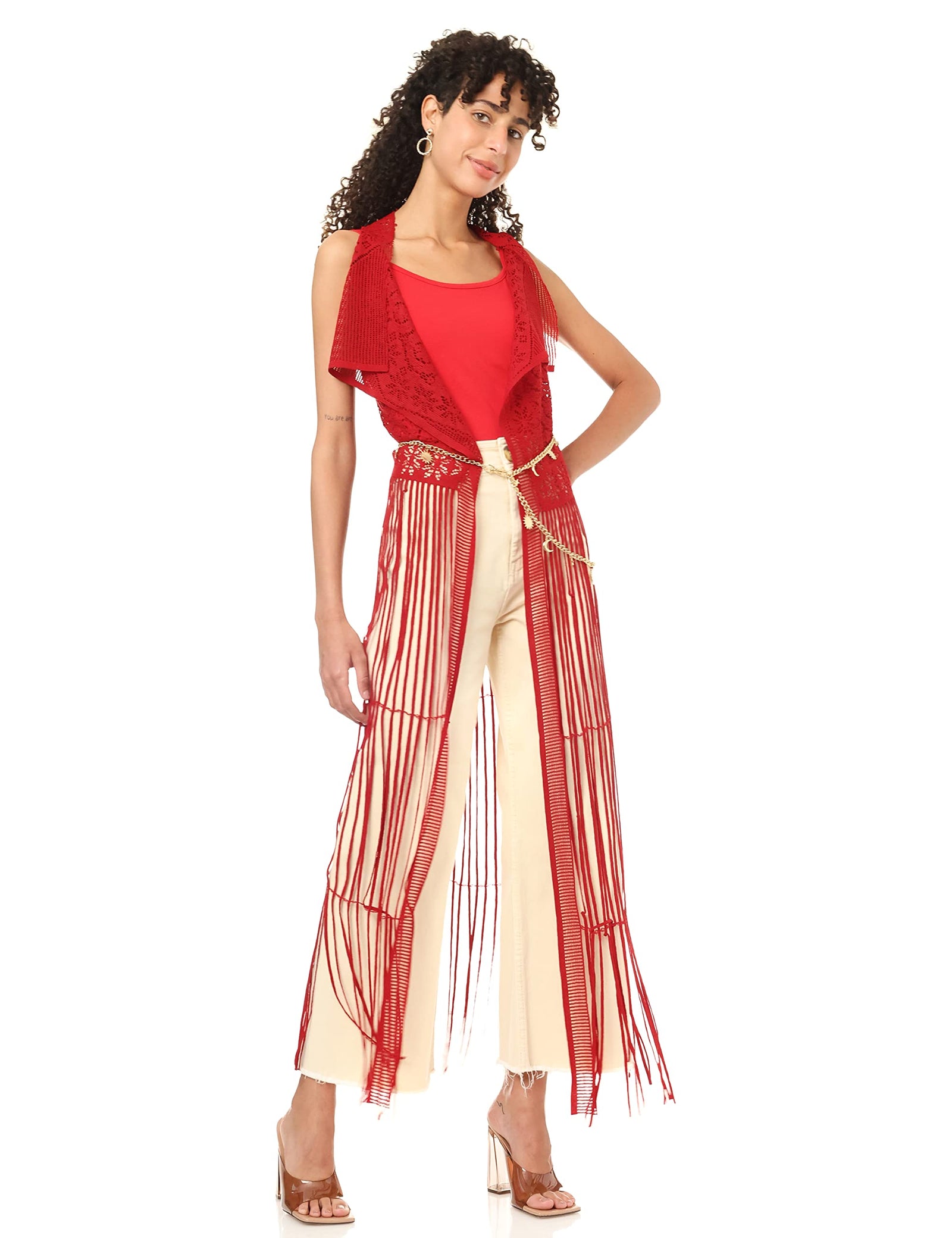 JAMILA Women fringed net cardigan SWEATER