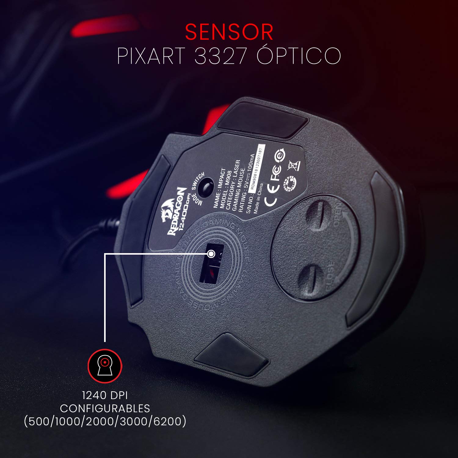 تصميم ماوس الألعاب ريدراجون M908 إمباكت لعشاق الألعاب الاحترافية الذين يبحثون عن الدقة والتحكم والتخصيص الكامل. يتميز بمستشعر بصري بدقة 12400 نقطة في البوصة (DPI) لتوفير تتبع فائق السرعة والدقة أثناء اللعب