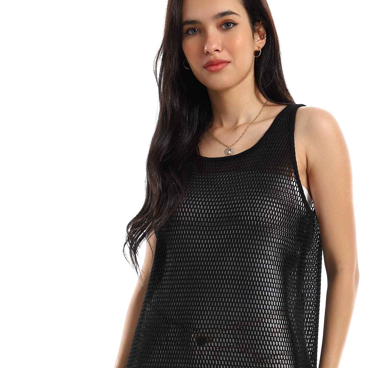 EEZEEY Womens High Low Sleeveless Net Coverup High Low Sleeveless Net Coverup