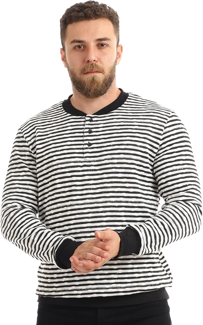 Offcliff Men’s Henley Striped Sweatshirt with Long Sleeves and Buttons - Safqqa