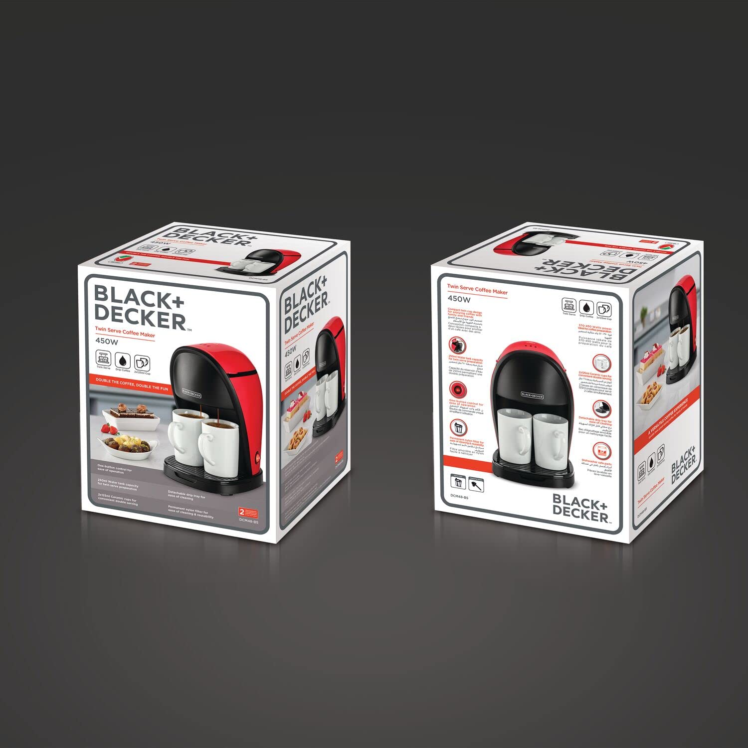 ماكينة قهوة بلاك آند ديكر 450 واط – كوبين، سعة خزان 250 مل، للقهوة المقطرة والإسبريسو، أحمر