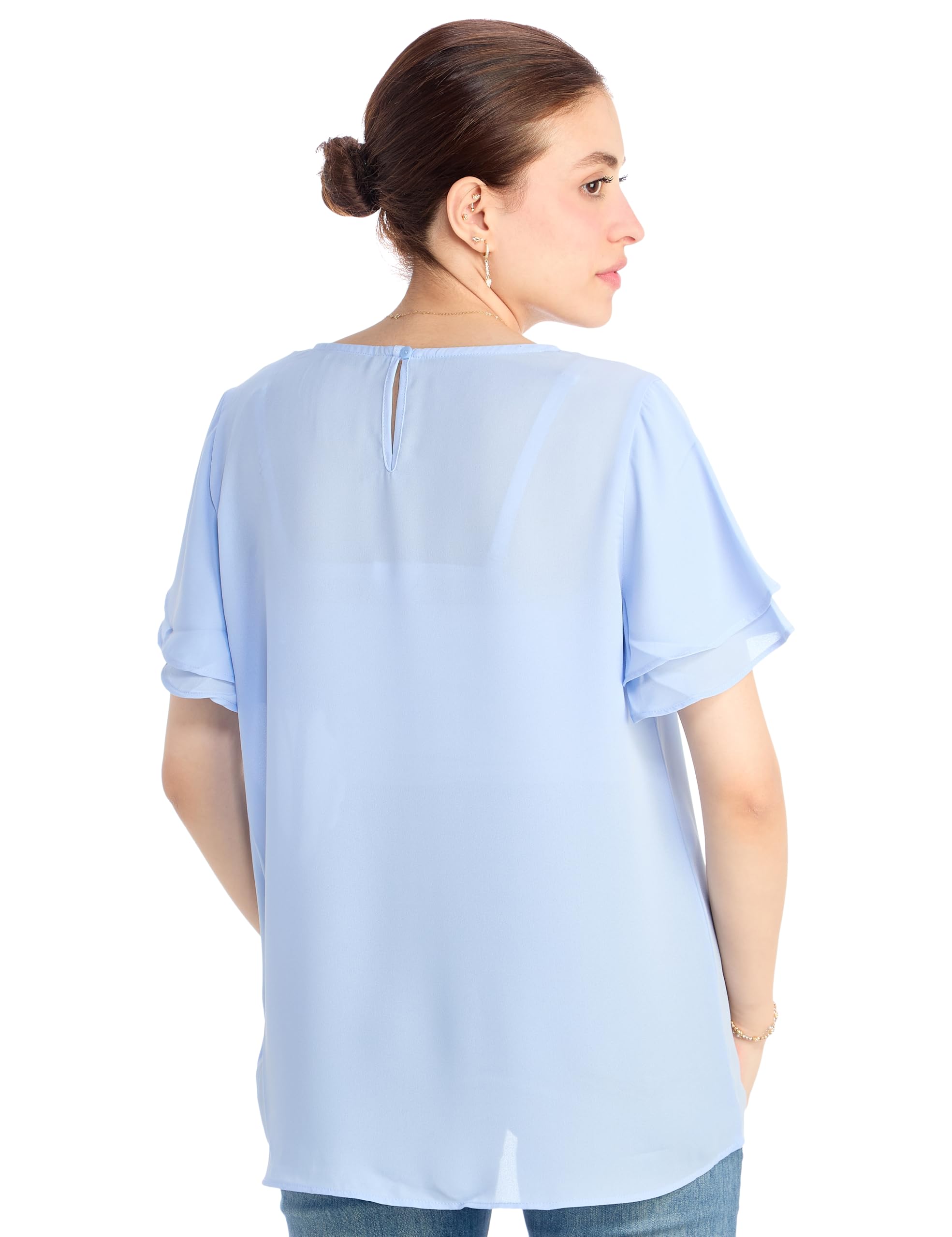 DeFacto Woman Regular Fit Crew Neck Short Sleeve Blue Woven Top Short Sleeve Blouse