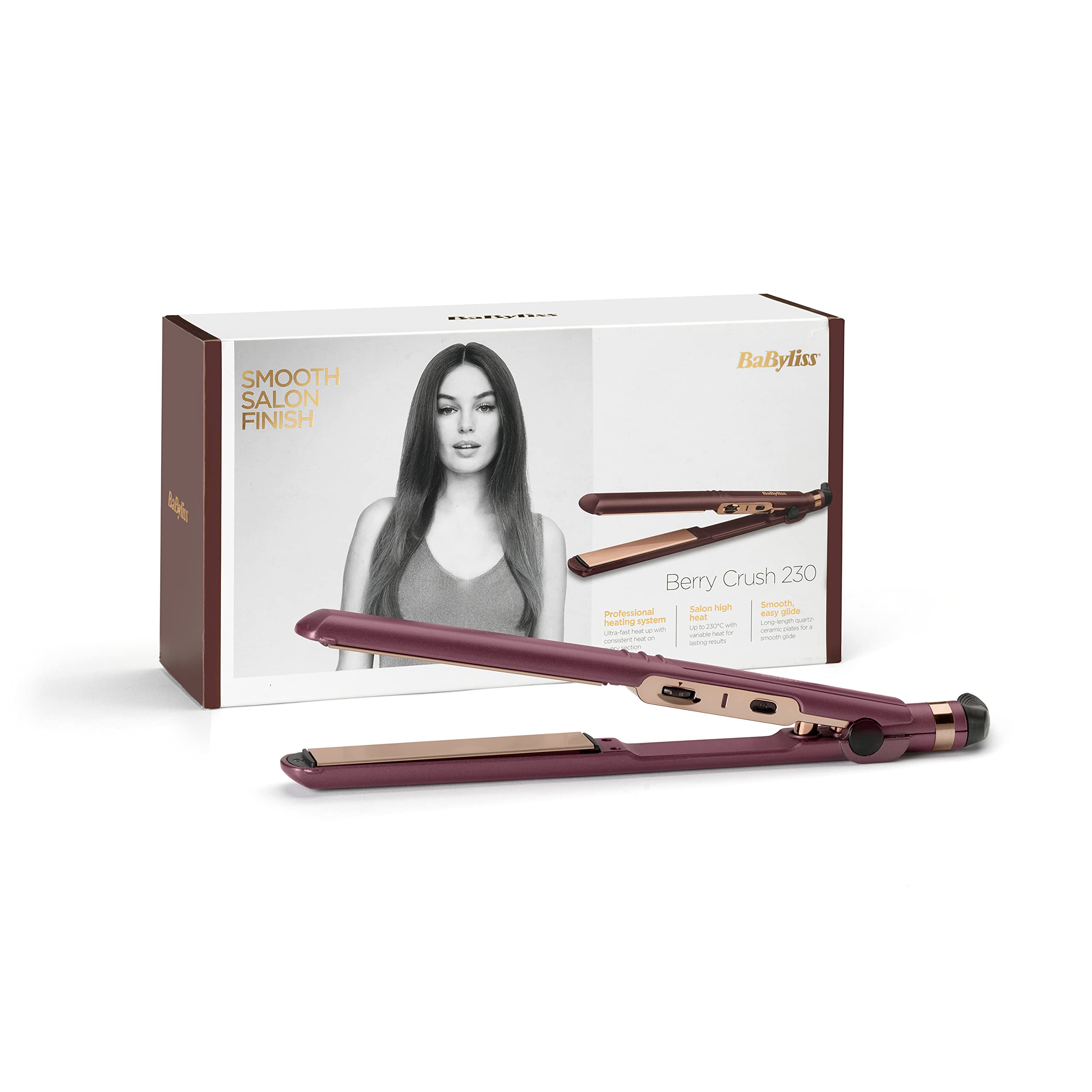 BaByliss Hair Straightener Berry Crush 230 | 10 Heat Settings From 140c - 230c | For All Hair Types l Long Length 3m Swivel Cord | Long Length Plates For Fast Smooth Styling | 2183PE