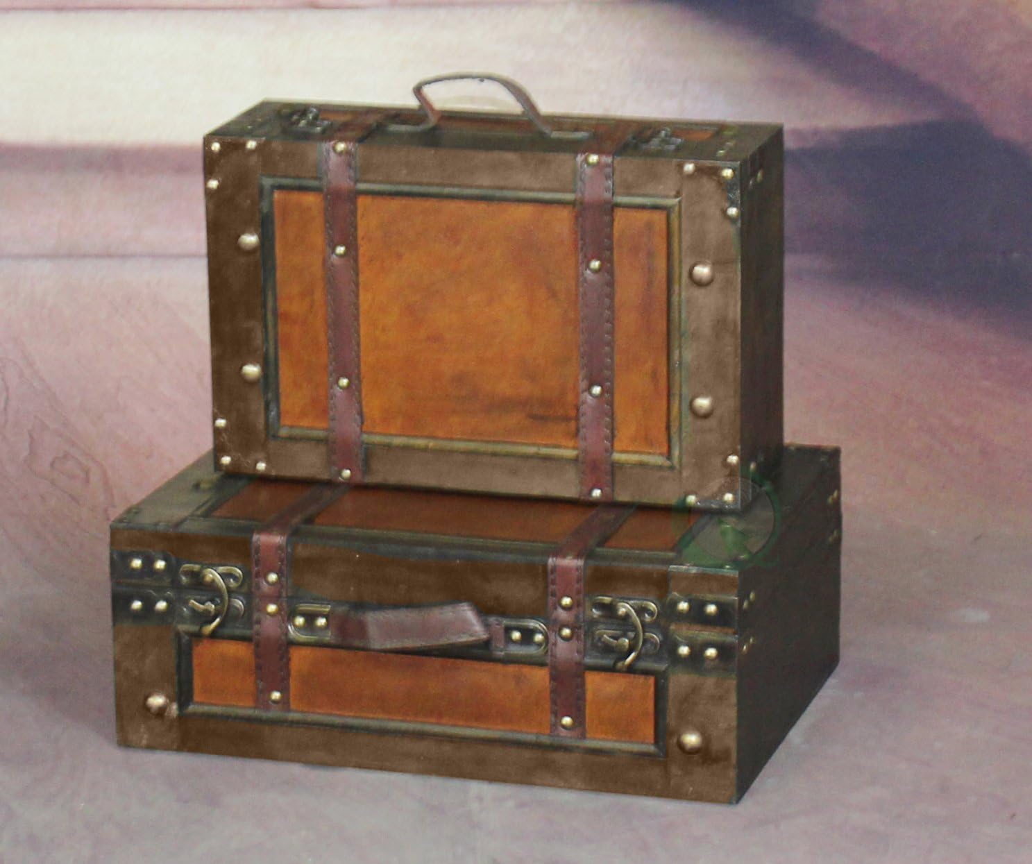 Vintiquewise Old Style Suitcase/Decorative Box with Straps, Wood, Antique Brown, Set of 2 Stackable design for decorative appeal and easy storage.