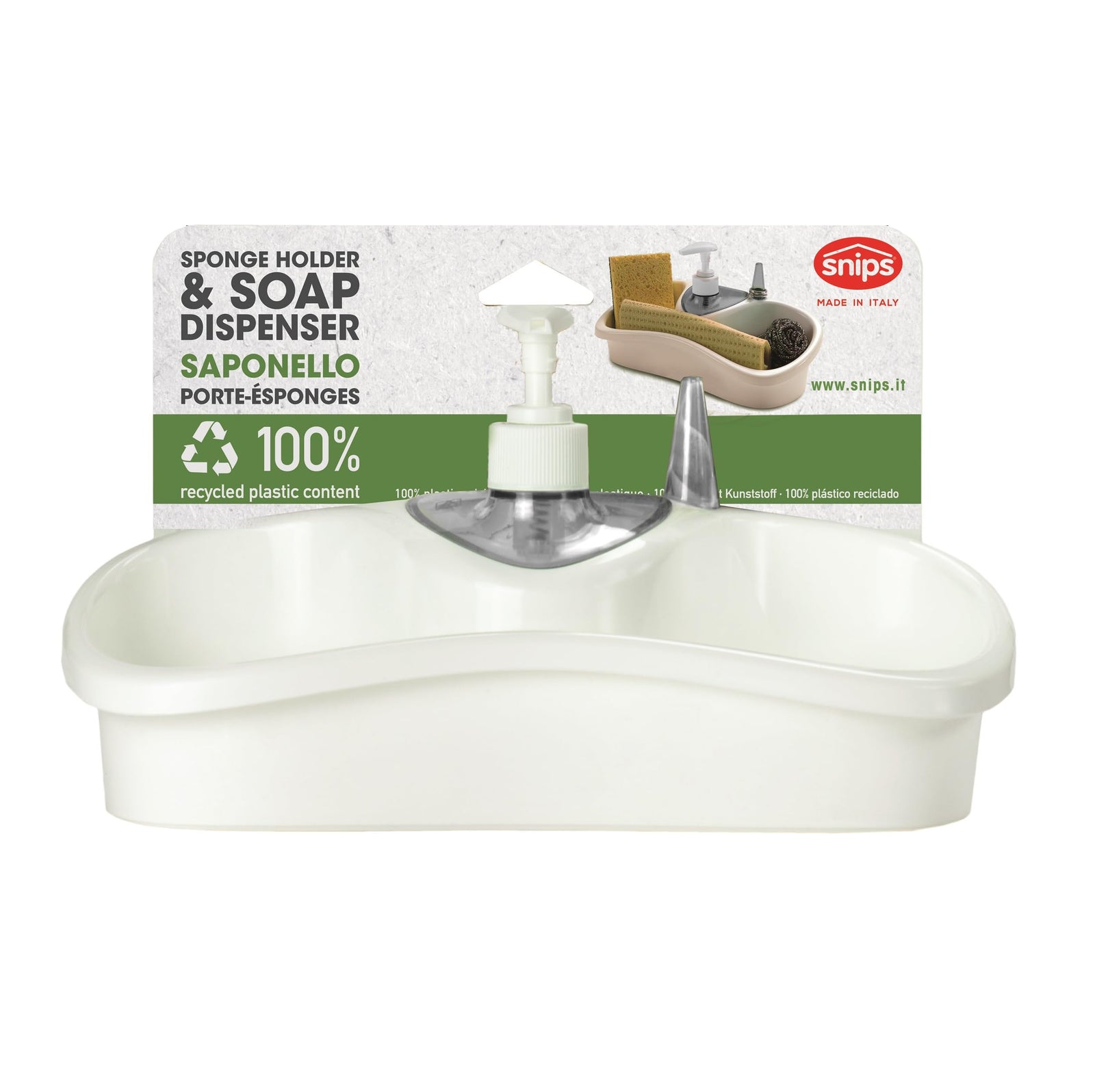 Snips Soap Storage Box for Sponges and Dispensers 26 x 11.5 x 14.5 cm -100% Recycled Plastic Made in Italy, White
