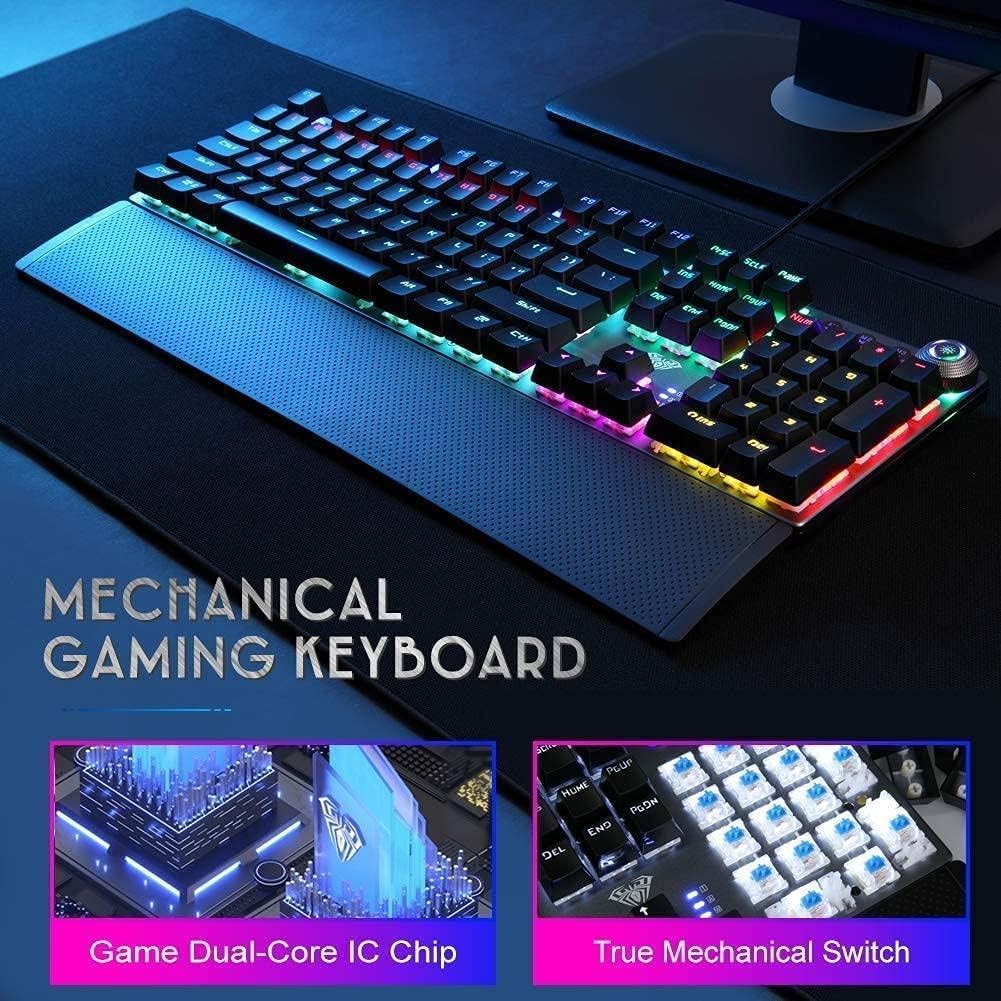 Aula F2088 Full Mechanical Gaming Keyboard with Rainbow Backlit LED - Blue Switches, Arabic/English- Damage Box