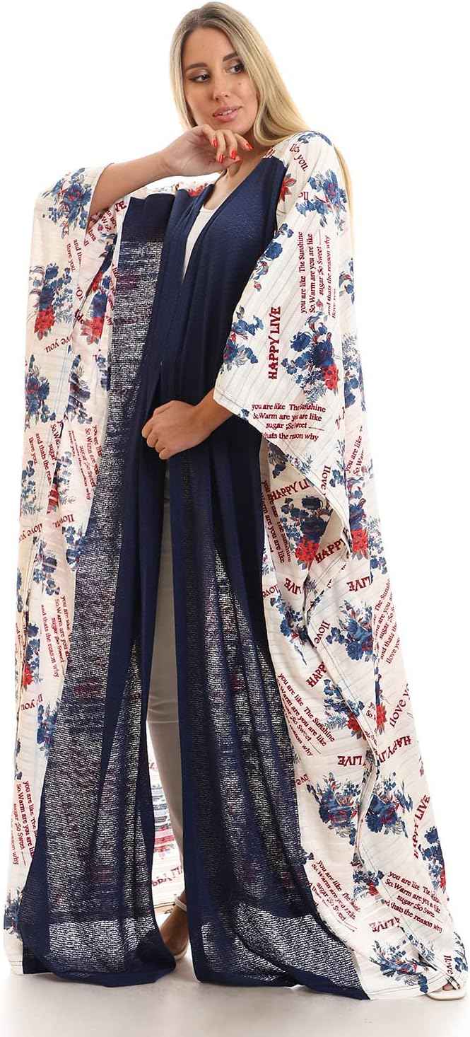 JAMILA Women's Short Sleeves Slip-On Self-Printed Long Kimono Robe - Safqqa Egypt