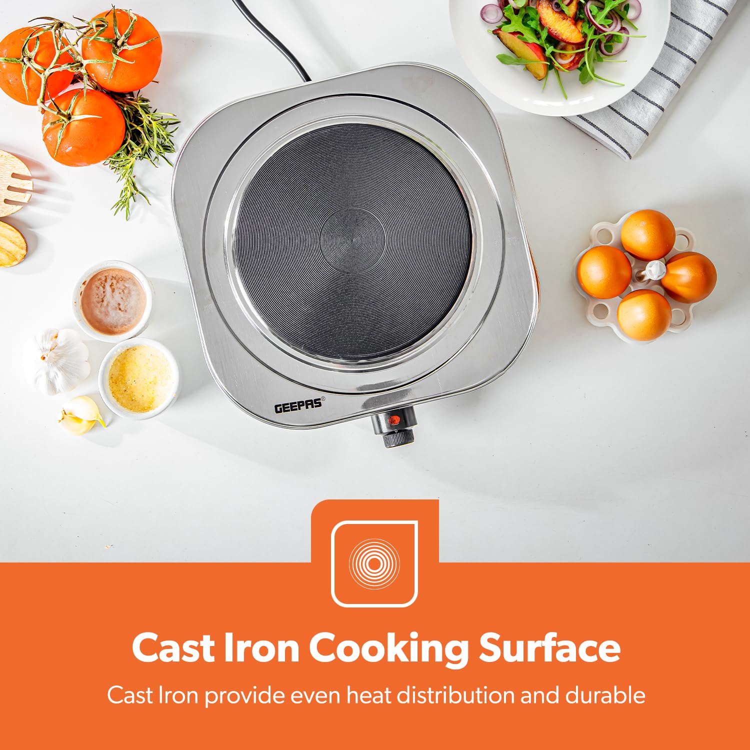 موقد كهربائي مفرد من جيباس – 1500 واط، ستانلس ستيل، تحكم حراري قابل للتعديل، حماية من الحرارة الزائدة (GHP32023)