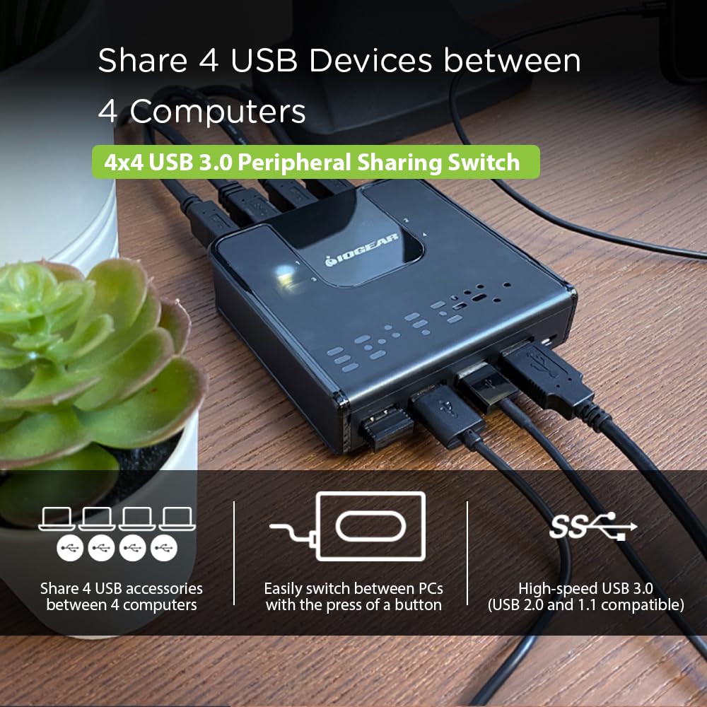 جهاز IOGEAR Peripheral Sharing Switch إمكانية مشاركة أجهزة USB بسهولة بين جهازين كمبيوتر بضغطة زر واحدة.