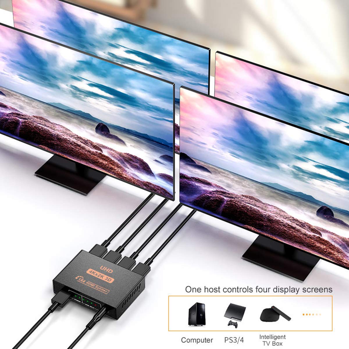 RUMANLE HDMI Splitter 1 in 4 Out, 4K Ultra HD 3D 1080p 2160p, Supports High Resolutions, 1 Source to 4 Displays Simultaneously Ideal for home entertainment, office use, classrooms, and exhibitions