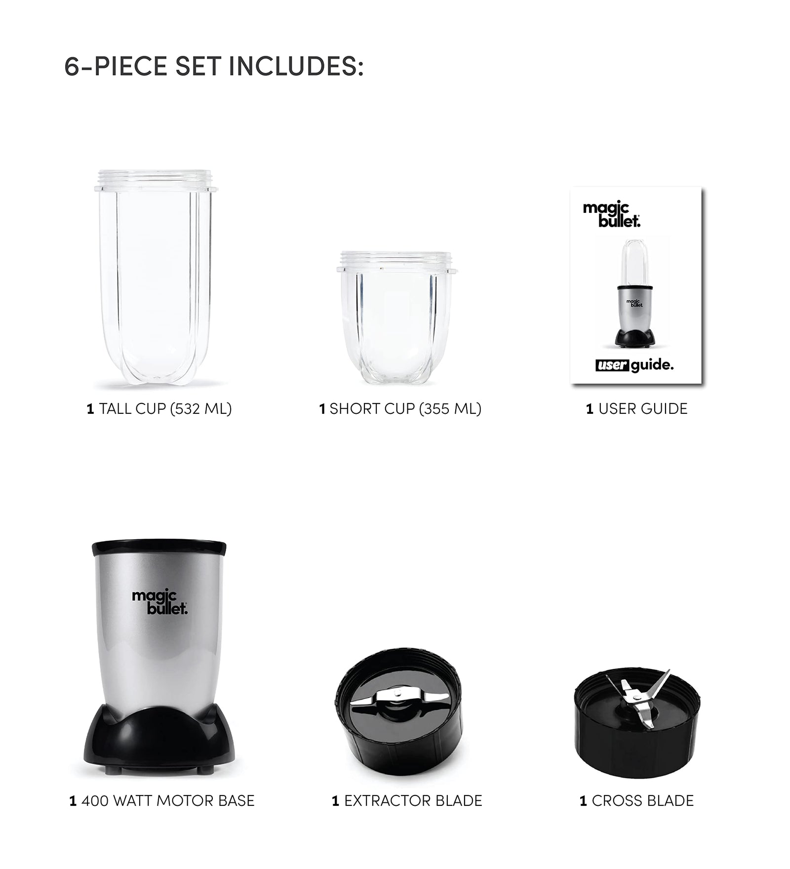 Magic Bullet, 4 Piece Accessories, Multi-Function High-Speed Blender, Silver, MB4-0612