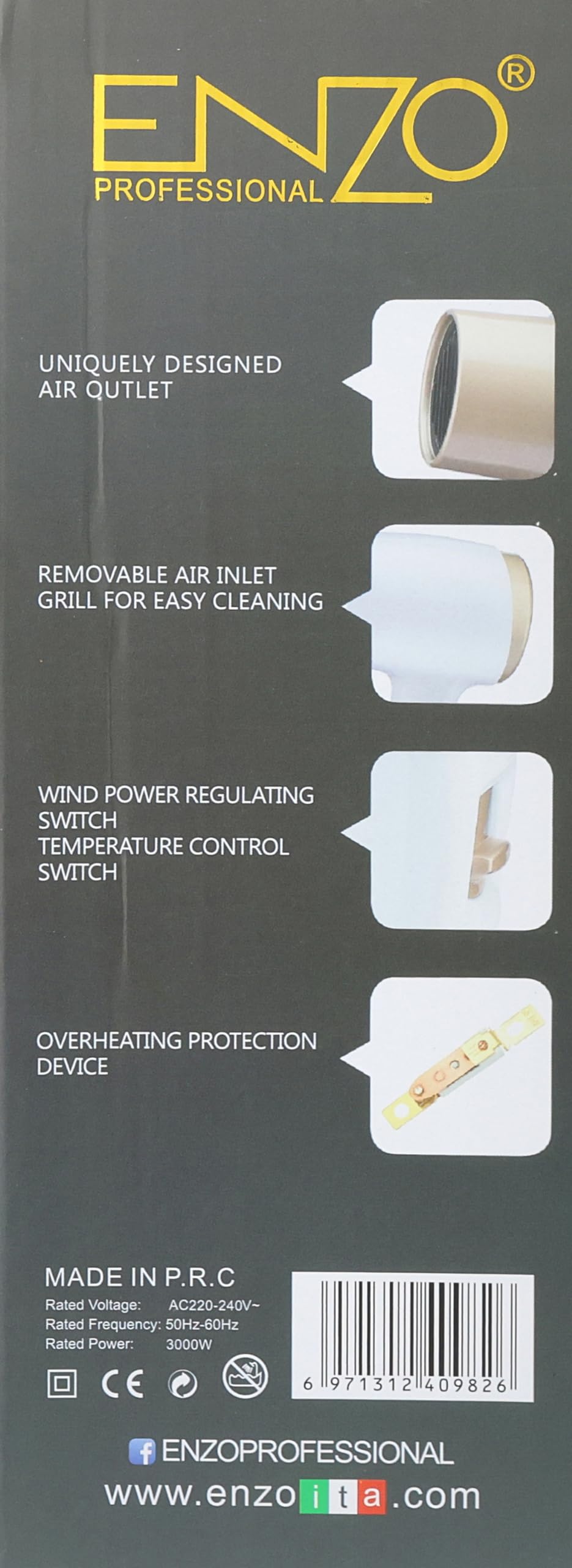 Enzo 3000 Watt Wall Mount Hair Dryer for Bathroom Hotel White * Gold EN-6622 - Safqqa Egypt