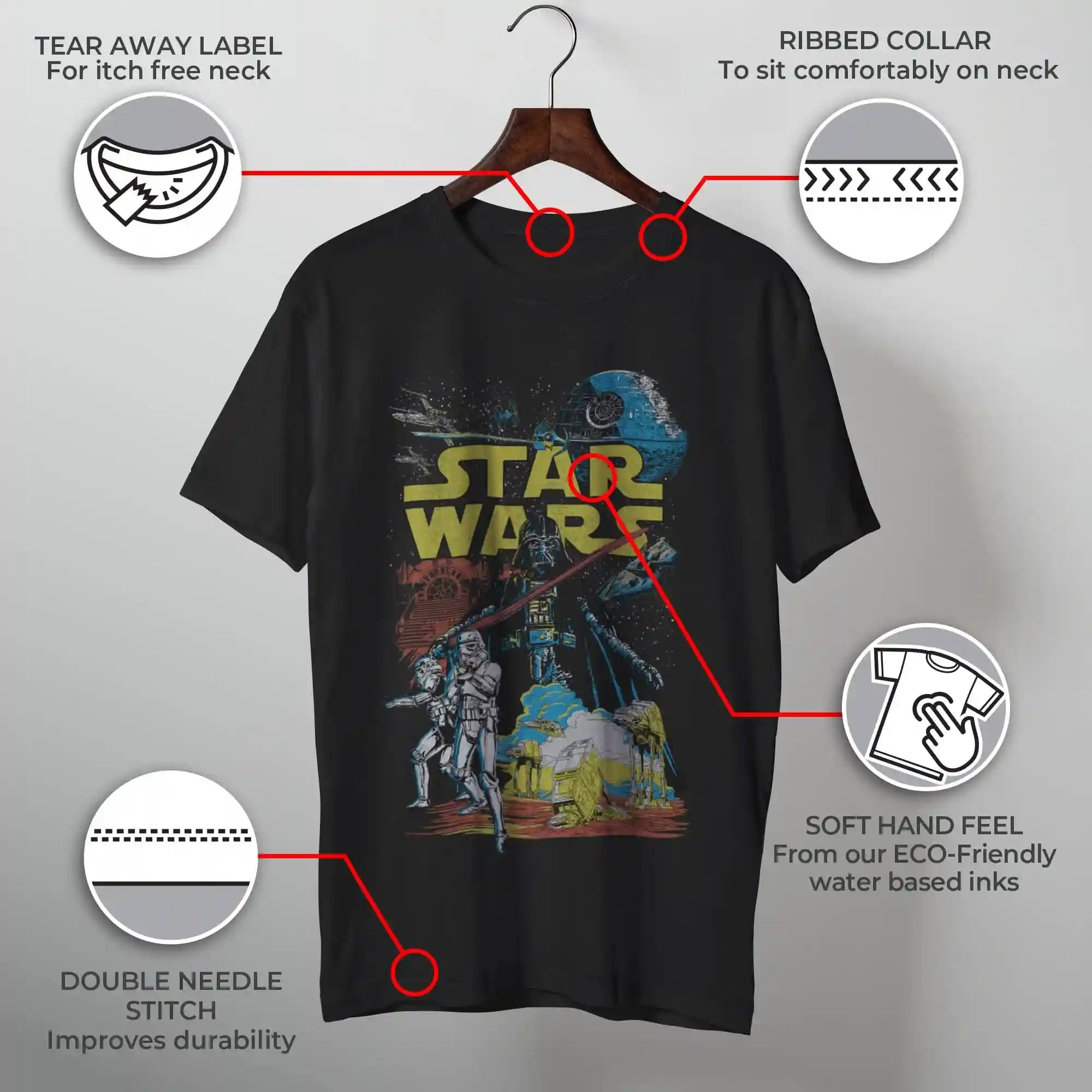  تيشيرتات رجالية من ستار وورز. مصنوعة من قماش ناعم ومتنفس، توفر قصة مريحة للارتداء اليومي أو الخروجات الكاجوال