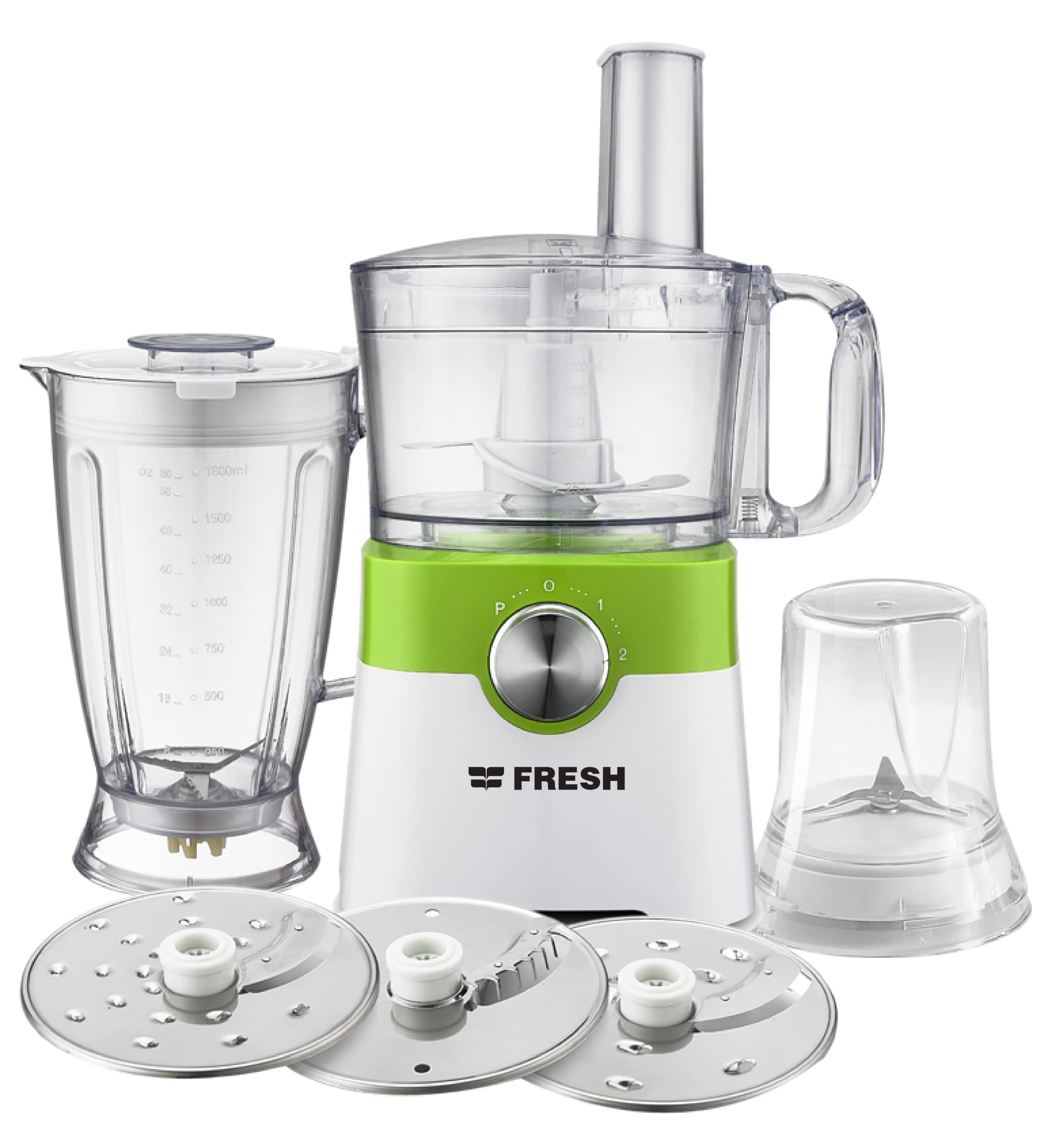 خلاط الطعام فريش FP402 7 في 1 بقوة 1000 واط. هذا الجهاز متعدد الاستخدامات يجمع بين عدة وظائف في تصميم واحد مدمج، مثل التقطيع، التقطيع إلى شرائح، البَشر، الخلط، العجن