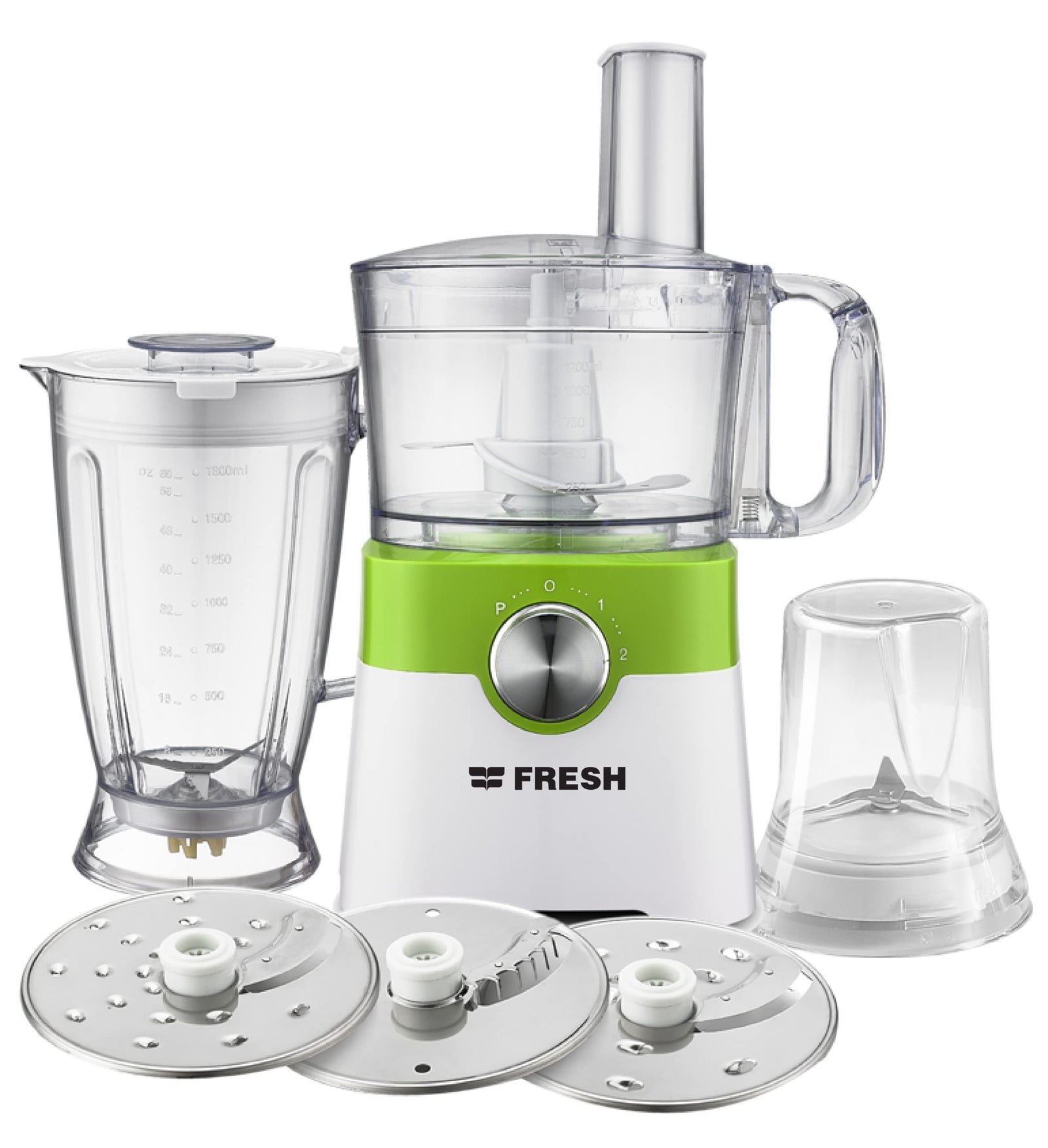 خلاط الطعام فريش FP402 7 في 1 بقوة 1000 واط. هذا الجهاز متعدد الاستخدامات يجمع بين عدة وظائف في تصميم واحد مدمج، مثل التقطيع، التقطيع إلى شرائح، البَشر، الخلط، العجن