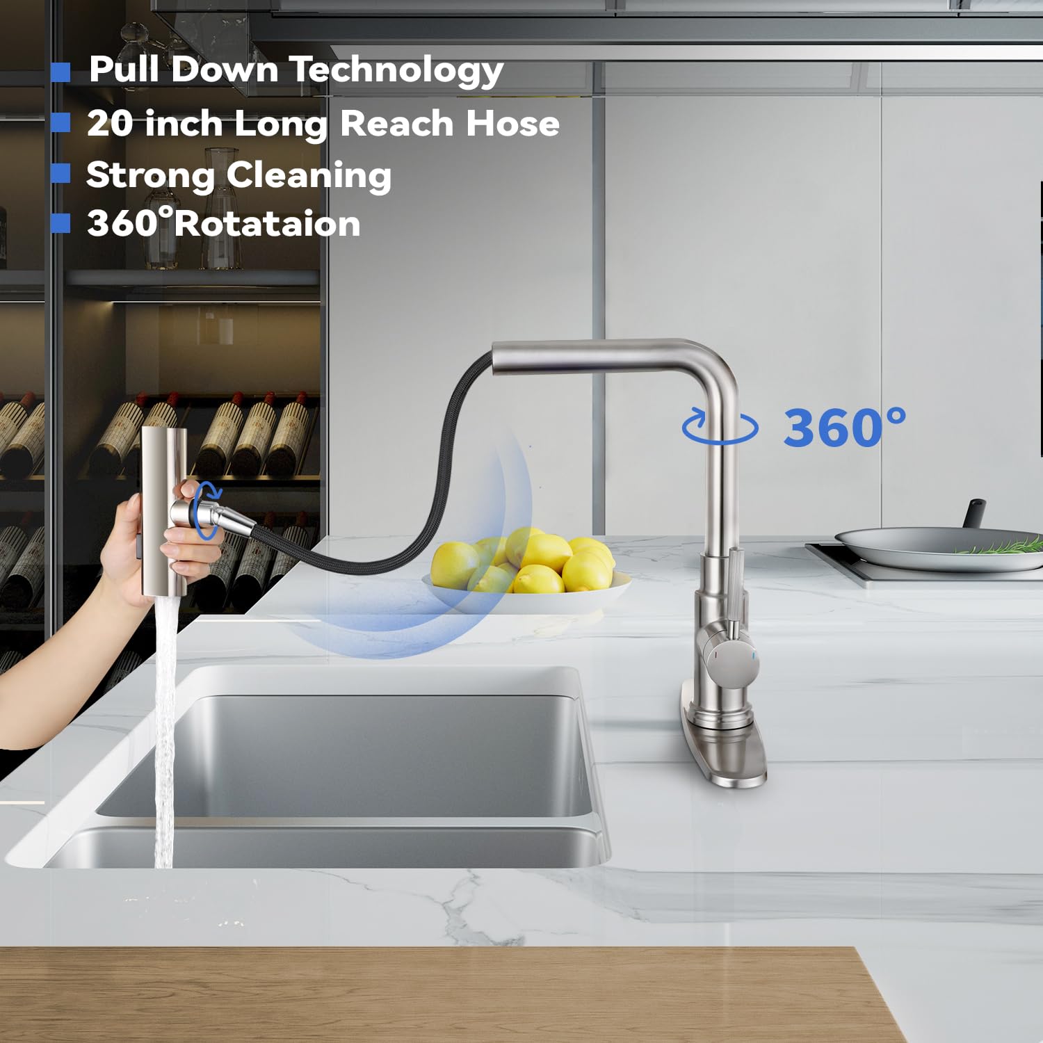 Deseegoal Head Switch Kitchen Faucets with Pull Down Sprayer, Three Function Sprayer Single Handle Sink Faucet 1 or 3 Hole Installation, 360°Rotatable Kitchen Sink Faucet