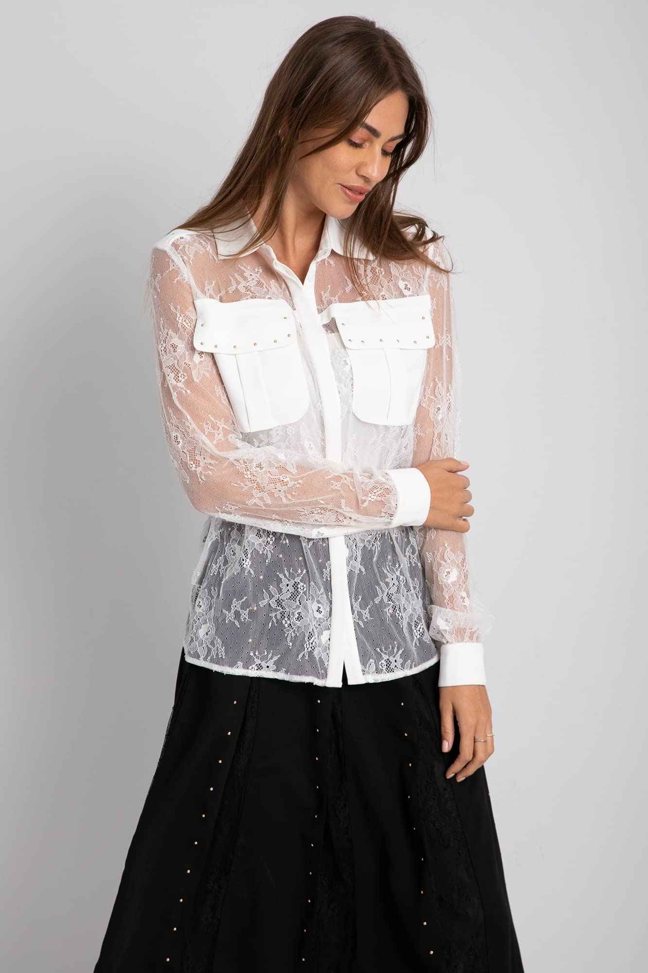 Casual Lace Long Sleeves Sheer Shirt With Studded Utility Pockets - Safqqa Egypt