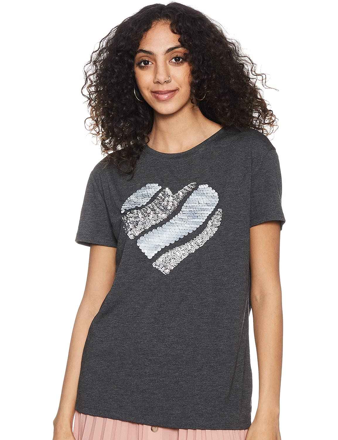 Matalan T-shirt for Women Sequin Heart Shape Short Sleeves Round Neck  classic, comfortable, and flattering.&nbsp;