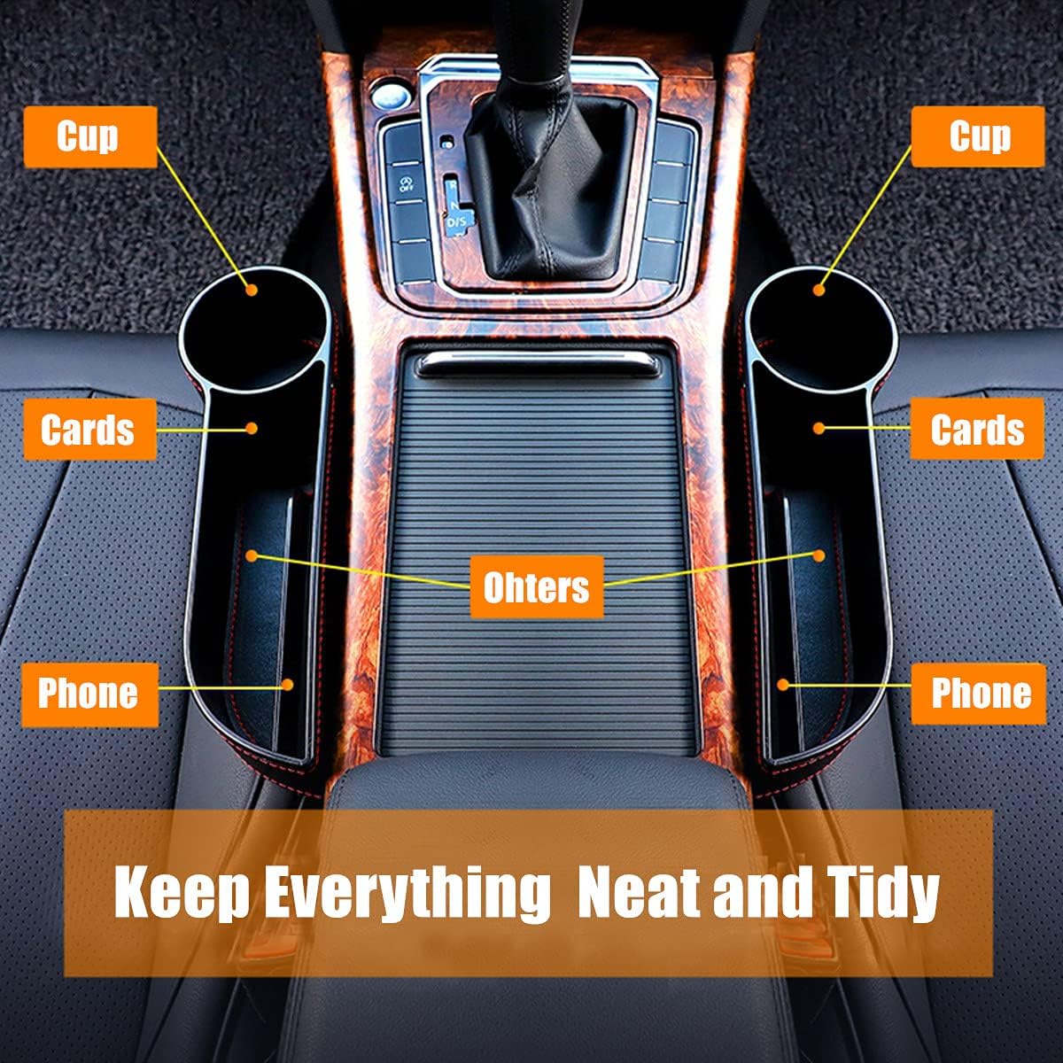 Car seat gap filler organizer between front seat car organizer and storage box, auto premium pu leather console with cup holder, car pocket for interior essentials (for passenger side)