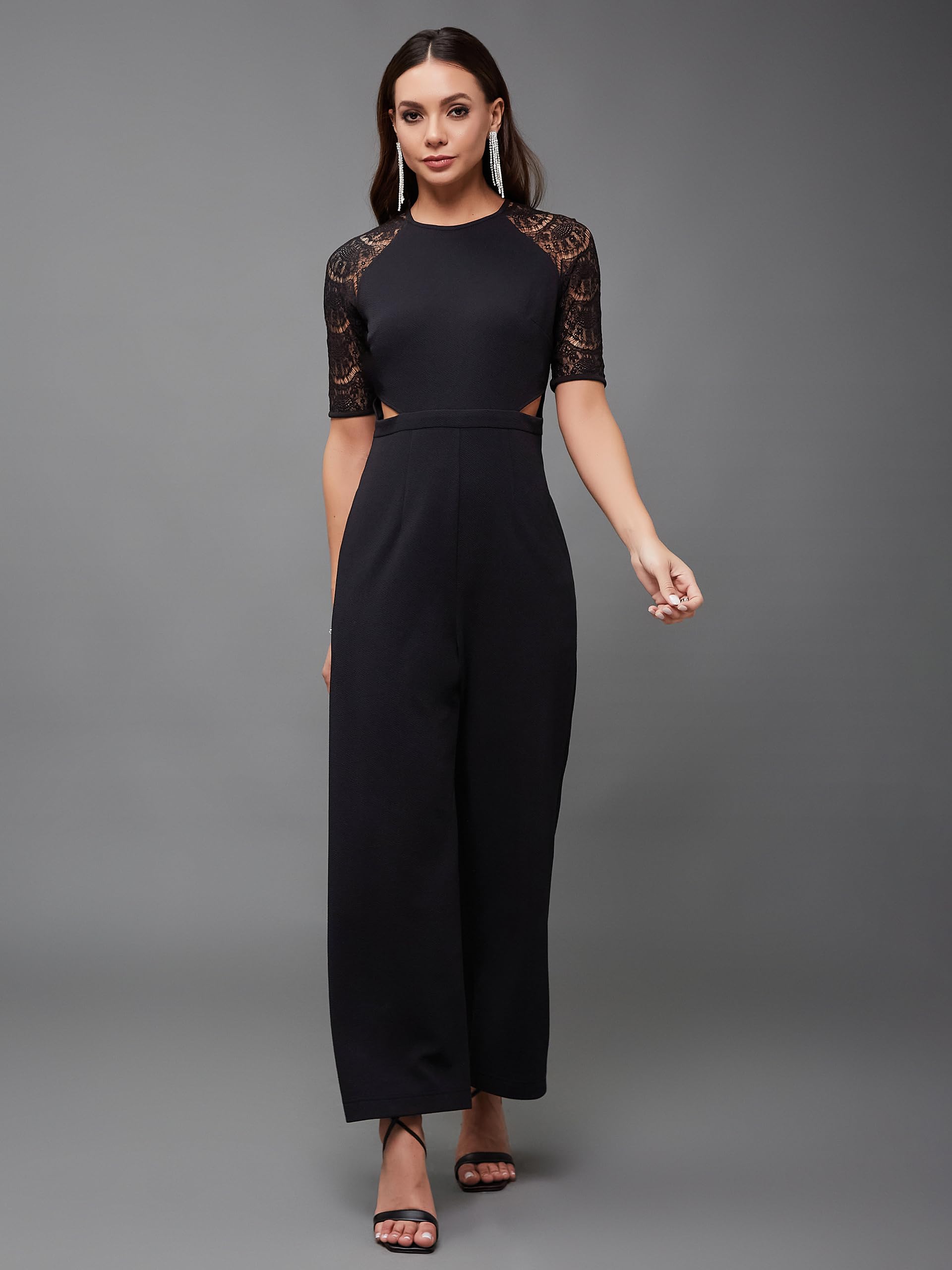 Miss Olive Women's Wine V-Neck Sleeveless Solid Wrap Regular Jumpsuit