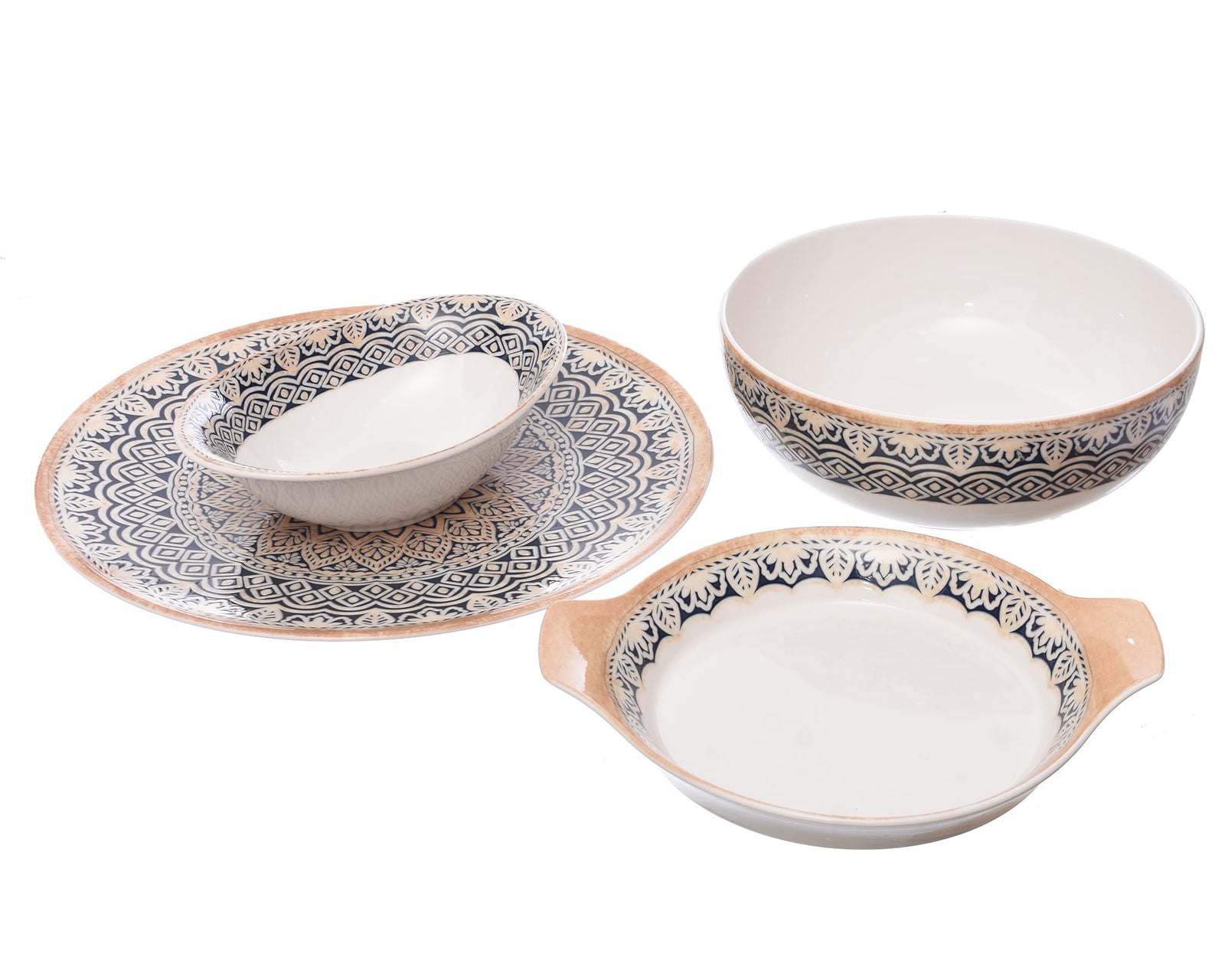 Royal Alfredo Blue Arabesque 33-Piece Dinner Set – Elegant Porcelain Tableware (Missing 3 Bowls) Box Damage