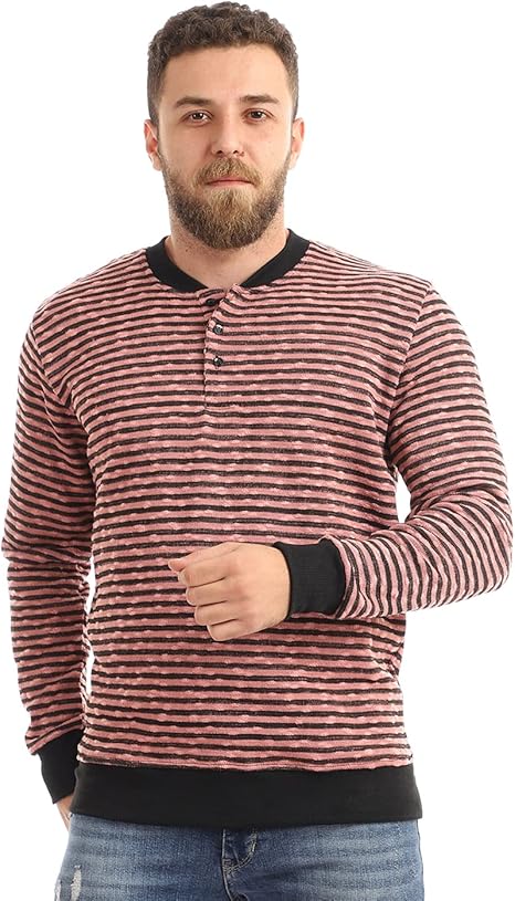 Offcliff Men’s Henley Striped Sweatshirt with Long Sleeves and Buttons - Safqqa