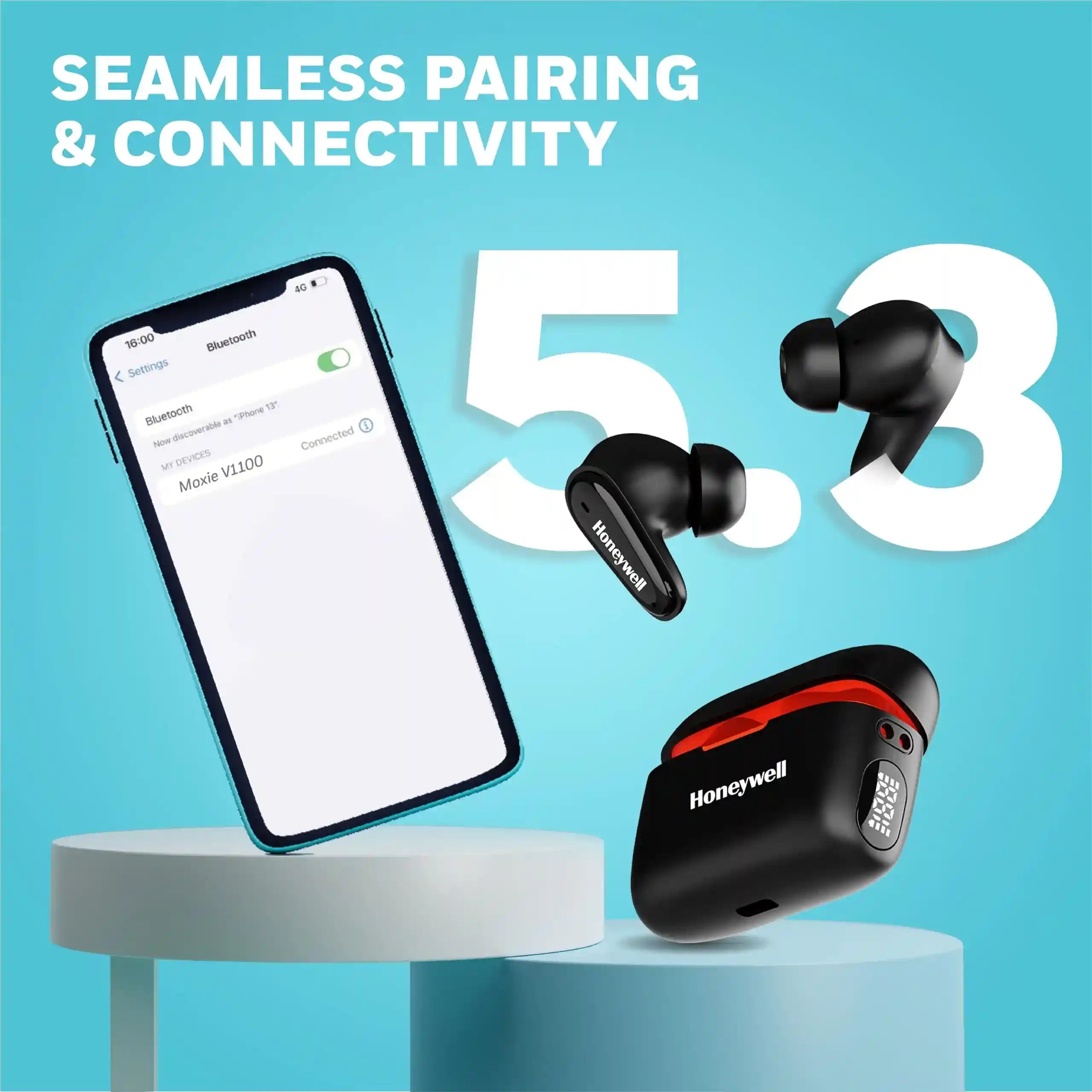 Honeywell  V1100, in-Ear True Wireless Stereo Earbuds with Digital Battery Display Case, Dual Microphones, Bluetooth V5.3, 31 Hours of Playtime, 100 Hours Stand-by, Fast Charging, Black