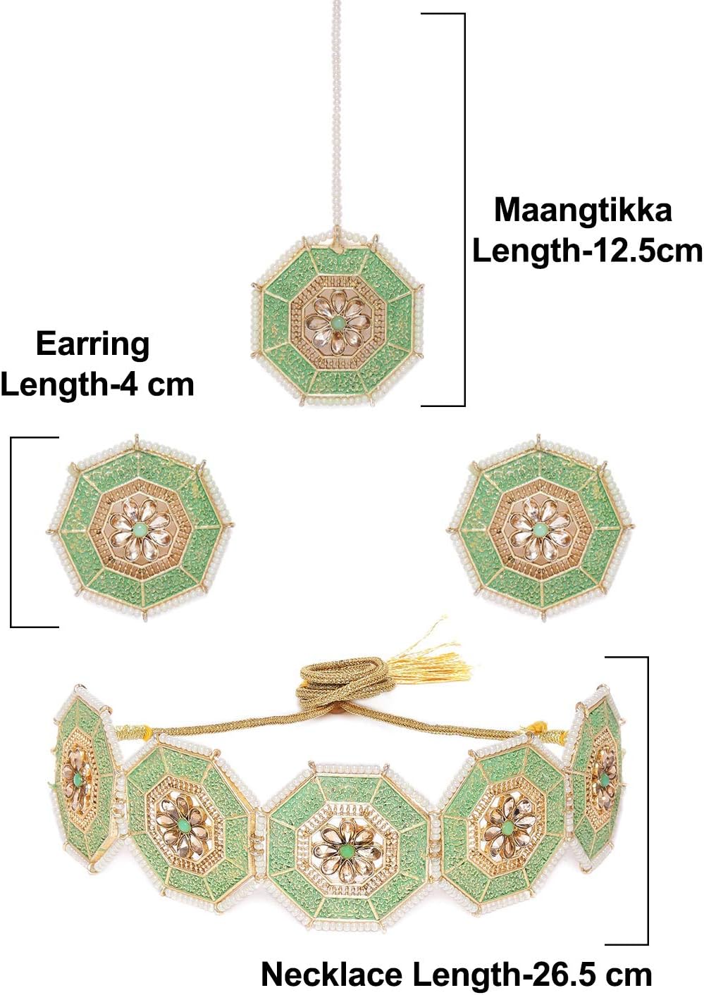 طقم قلادة قصيرة من زاڤيري بيرلز باللون الأخضر الباستيل ومزين بتقنية المينا، يشمل عقداً قصيراً، أقراطاً متناسقة، وتيكا للرأس، مصمم لإضفاء لمسة تقليدية وأنيقة على أي إطلالة