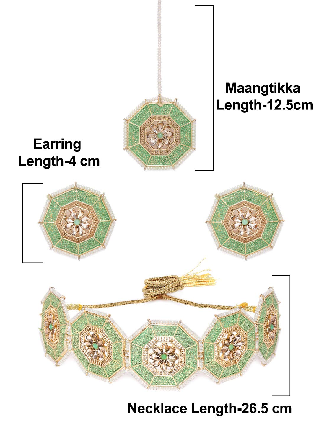 طقم قلادة قصيرة من زاڤيري بيرلز باللون الأخضر الباستيل ومزين بتقنية المينا، يشمل عقداً قصيراً، أقراطاً متناسقة، وتيكا للرأس، مصمم لإضفاء لمسة تقليدية وأنيقة على أي إطلالة