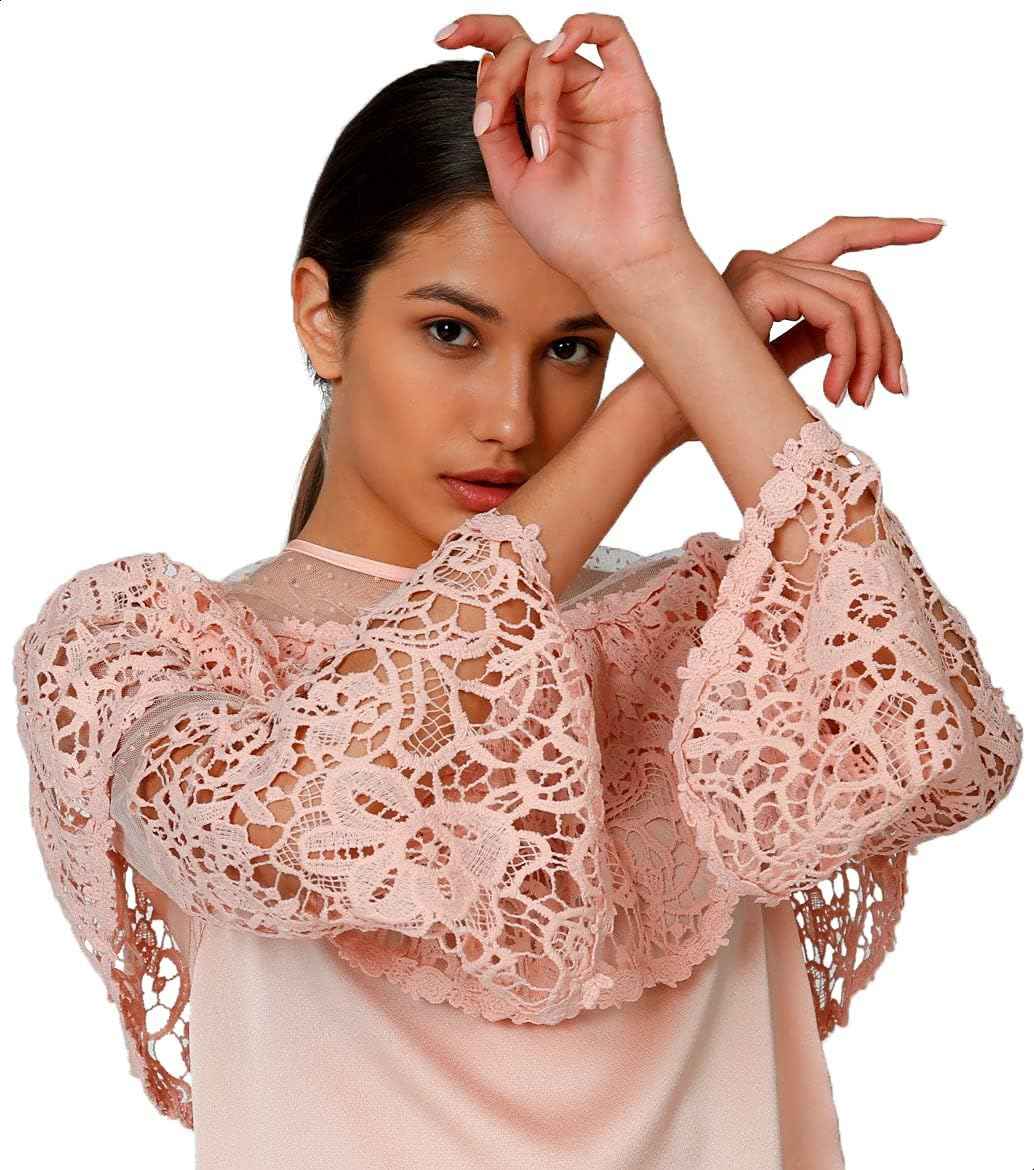 Splash Lace Detail Round Neck Sheer Bell Long SLeeves Blouse For Women - Safqqa Egypt