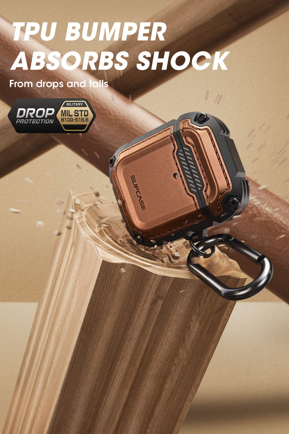 حافظة Supcase Unicorn Beetle Royal Series المصممة لـ AirPods 1 و 2، غطاء حماية كامل الجسم بتصميم قوي مع كارابينر لـ Apple AirPods الجيل الأول والثاني (بني)  