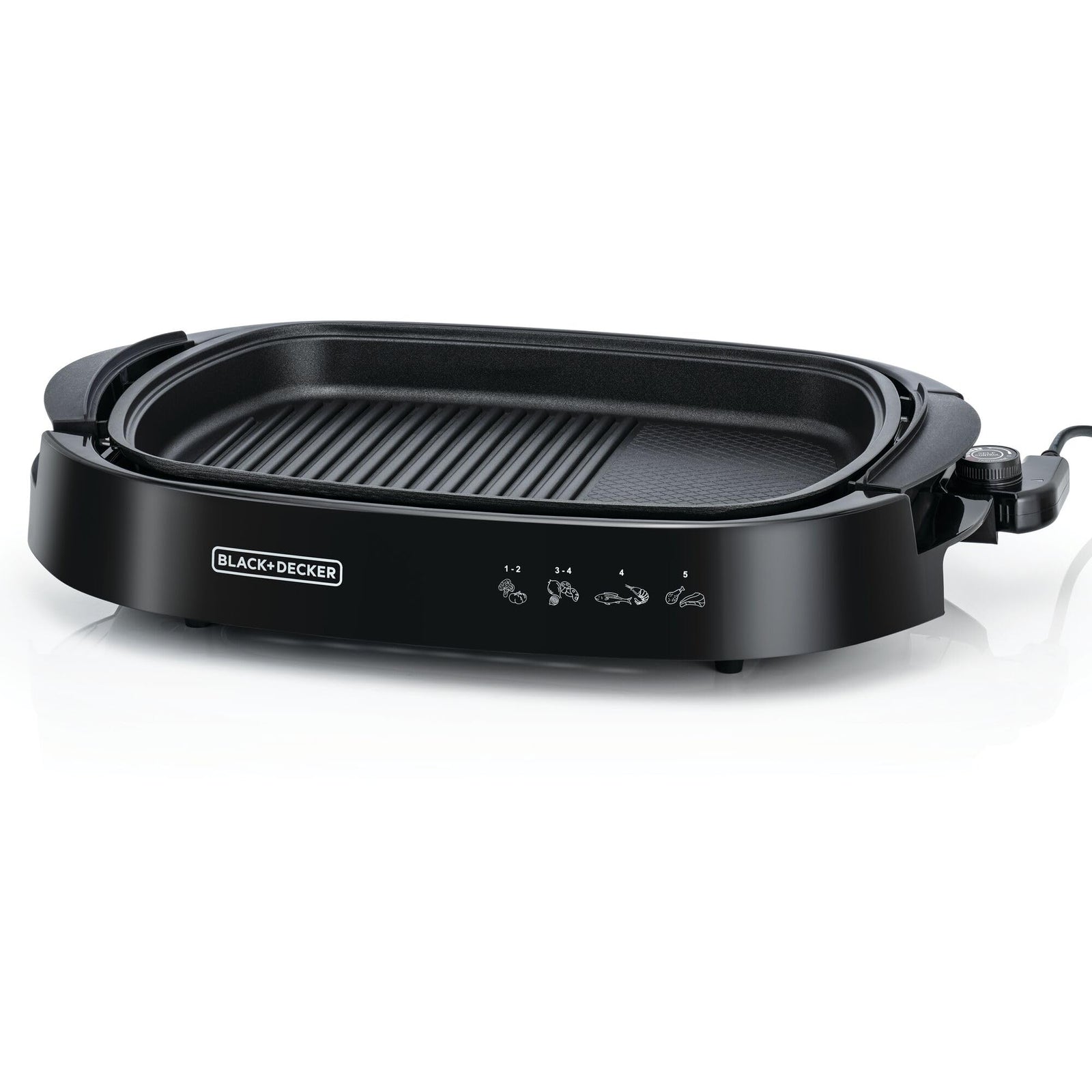 BLACK+DECKER Electric Health Grill, 1500W, Family-Sized Non-Stick Griddle with Glass Lid, 5-Level Temperature Control, Cool-Touch Handles, Efficient Fat Draining, Dishwasher Safe, Black - GH1500-B5-Have Scratches