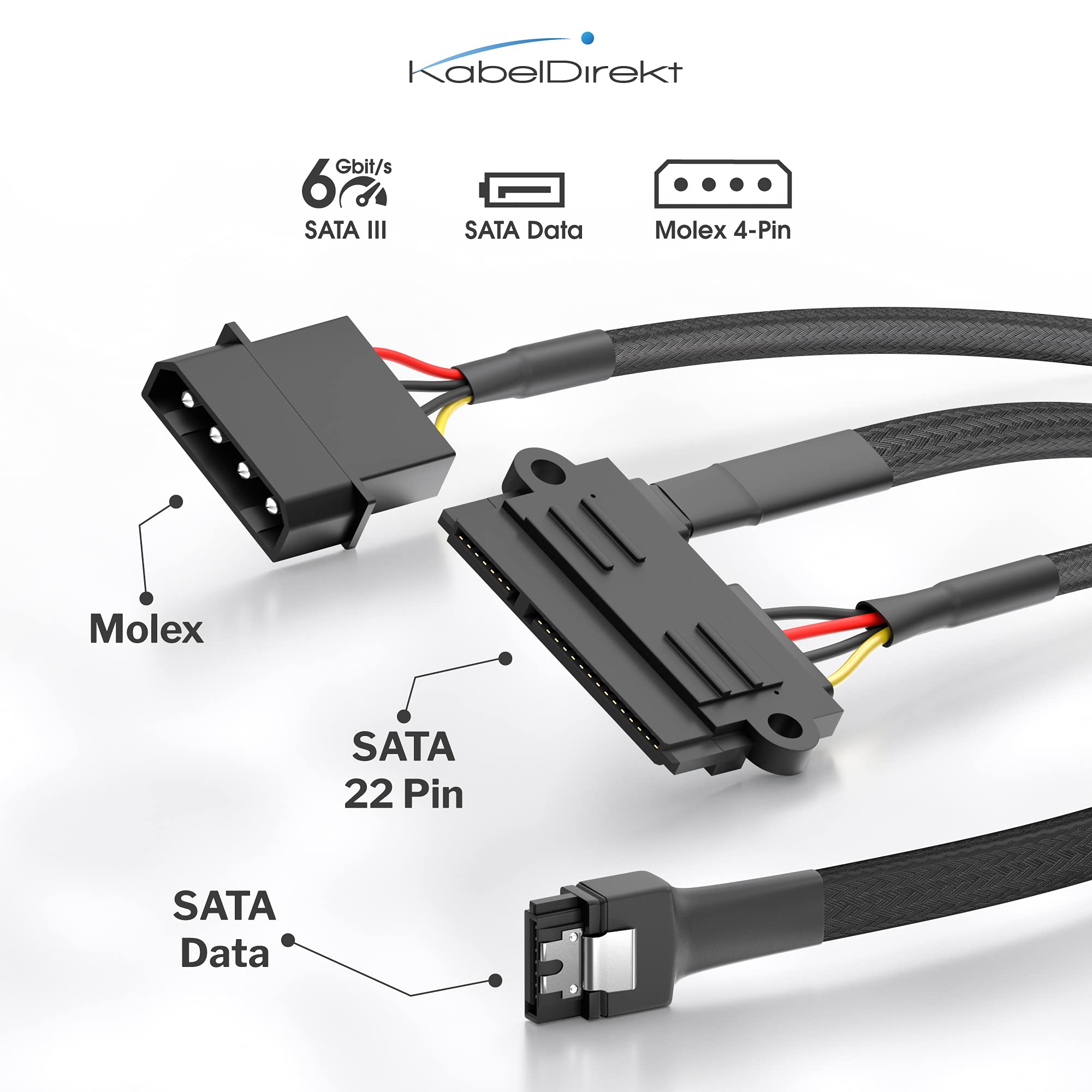 KabelDirekt 820 0.6m 30cm 22-pin SATA to 4-pin Molex power cable and 60cm 7-pin 3 data 6 Gbit/s black