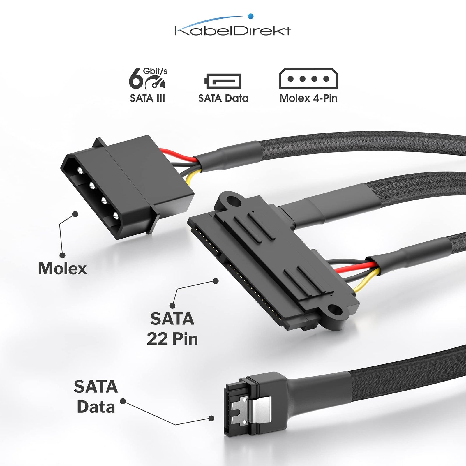 KabelDirekt 820 0.6m 30cm 22-pin SATA to 4-pin Molex power cable and 60cm 7-pin 3 data 6 Gbit/s black
