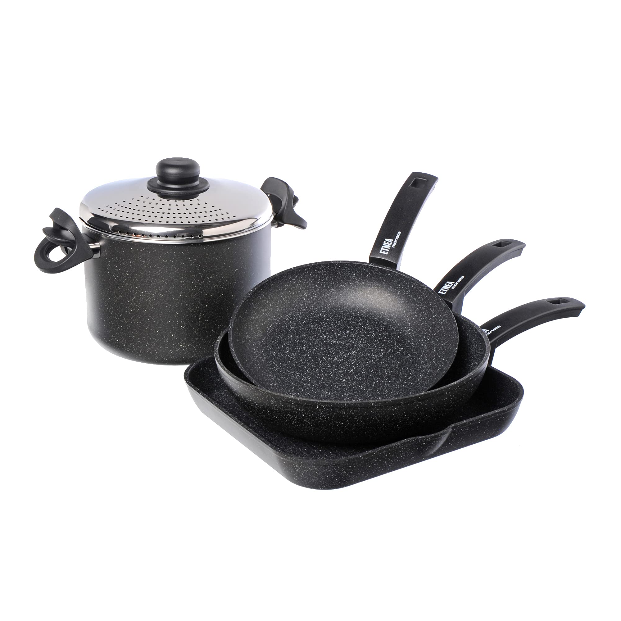 طقم أواني طهي مونيـتا 5 قطع مقلاة 24 سم وووك 28 سم وشواية 28 سم وحلة مكرونة 22 سم بغطاء مصفاة ستانلس ستيل صناعة إيطالية