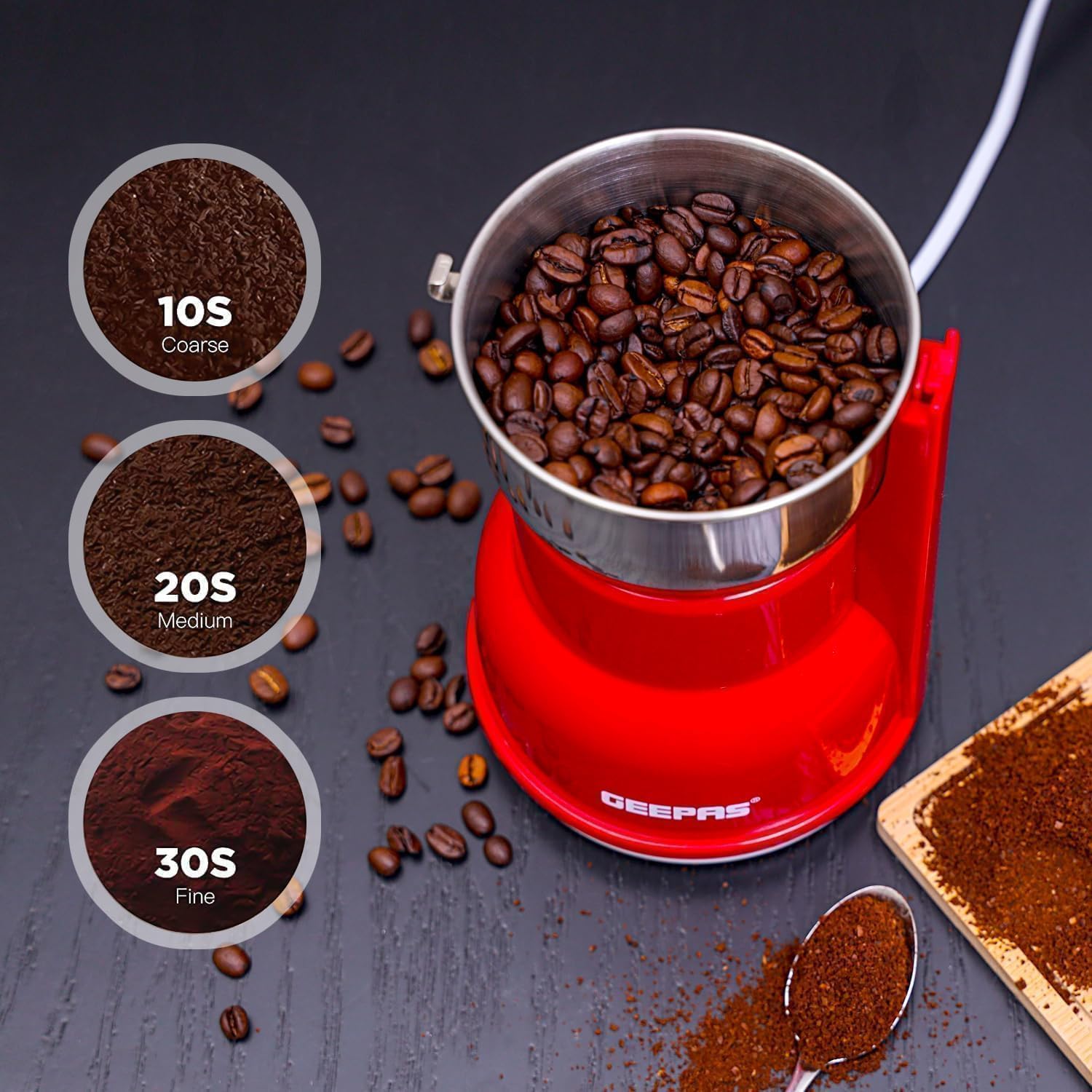 Geepas 180W Electric Coffee Grinder - Stainless Steel Blade |Stainless Steel Cup for Grinding, Overheat Protection | Removable Steel Bowl