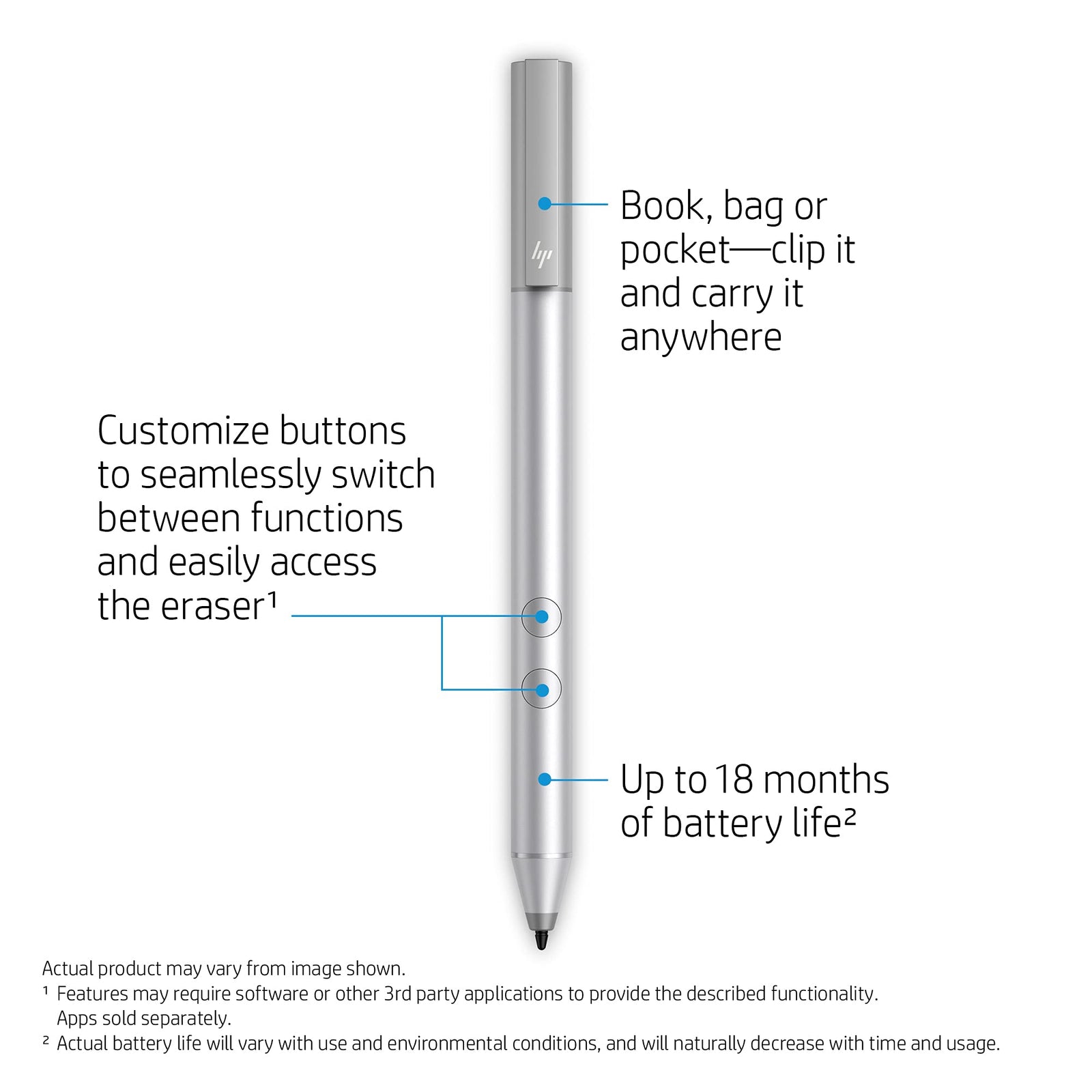 HP Pen Stylus with Pressure Sensitivity for Windows Pen Enabled Laptops, 18-Month Battery Life Precision Function Buttons Premium - Silver