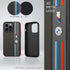 **CG MOBILE BMW iPhone 14 Pro Case** – Gray Mesh, Tricolor Lines, PU Leather, Shock Absorption, Easy Snap-on, Signature Logo.