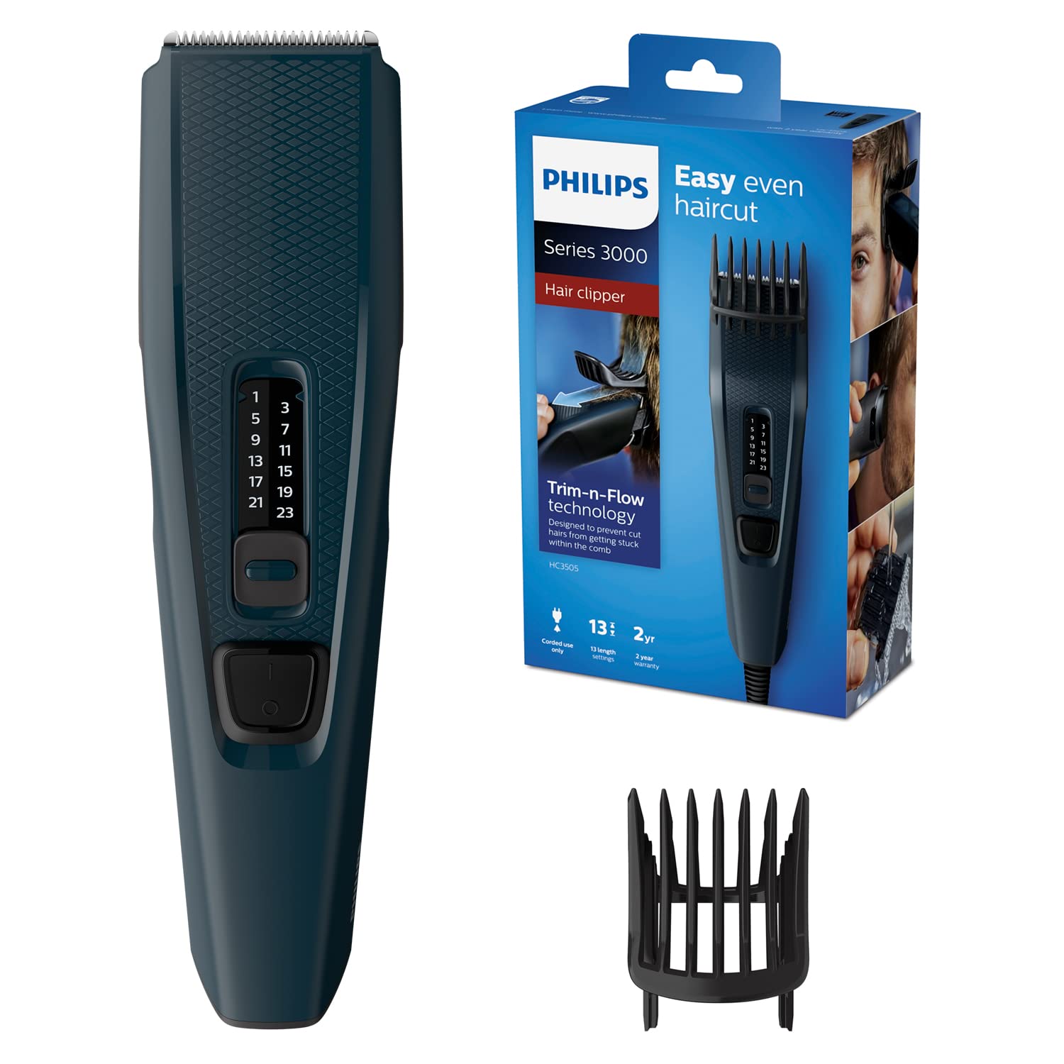 Philips Series 3000 Corded Hair Clipper with 13 Length Settings and Stainless Steel Blades – HC3505/15