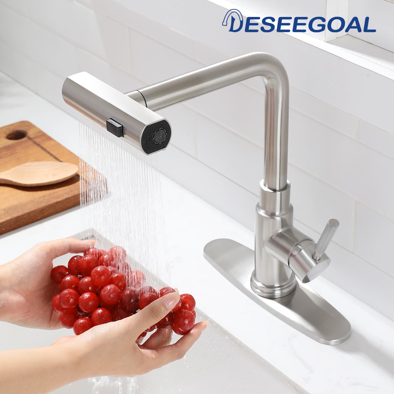Deseegoal Head Switch Kitchen Faucets with Pull Down Sprayer, Three Function Sprayer Single Handle Sink Faucet 1 or 3 Hole Installation, 360°Rotatable Kitchen Sink Faucet
