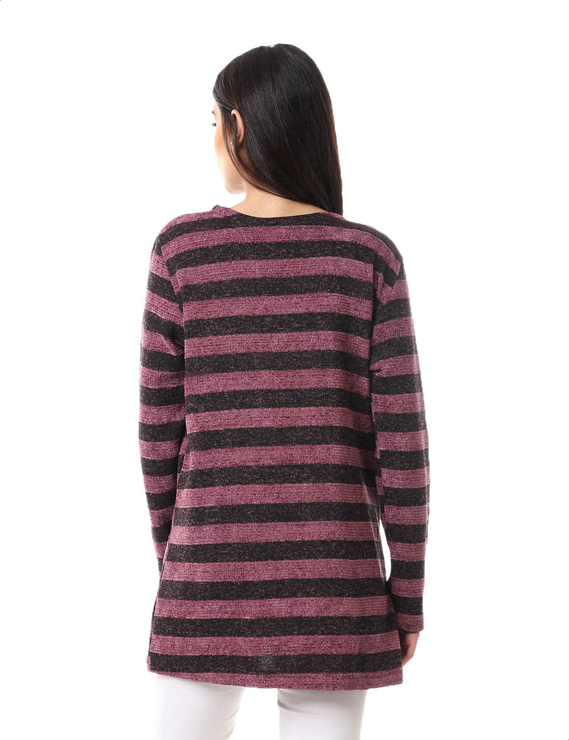 Jamila Women Striped Front Pockets Long Sleeves Open Cotton Cardigan