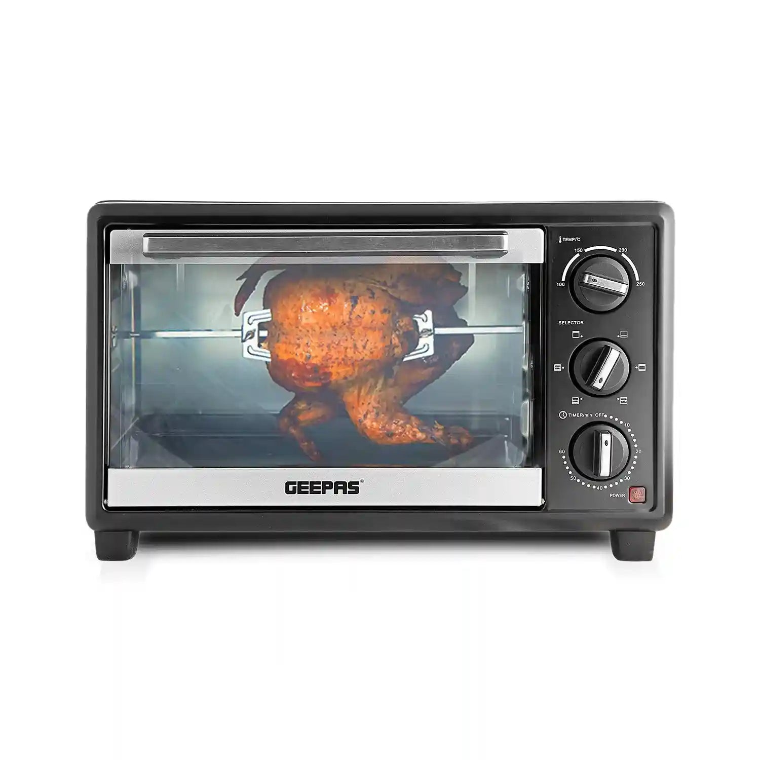 Geepas GO4464 25L Electric Oven With Rotisserie- 1600W power, 6 Stages Heating Selector-There is a hit at the top of the device.