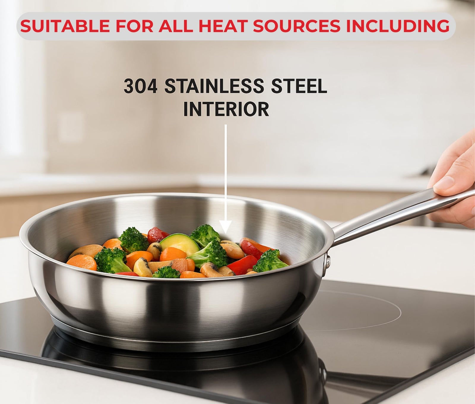 Vinod Tuscany Stainless Steel Cookware Set, 8 Pcs|Saucepan (14 cm/1.3 Litre), 3 Cassseroles (14cm,16cm & 18cm/1.3,2 & 2.8 L) Frypan (18cm) & 3 glass lids, SAS Bottom, Induction and Gas Stove Friendly