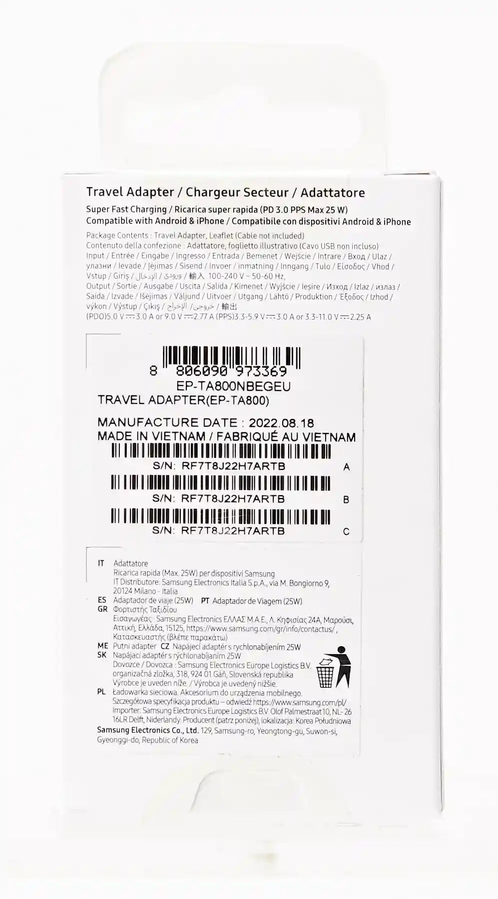 شاحن سفر من سامسونج بقدرة 25 وات ومنفذ USB-C لون أسود - EP-TA800NBEGEU، يو اس بي
